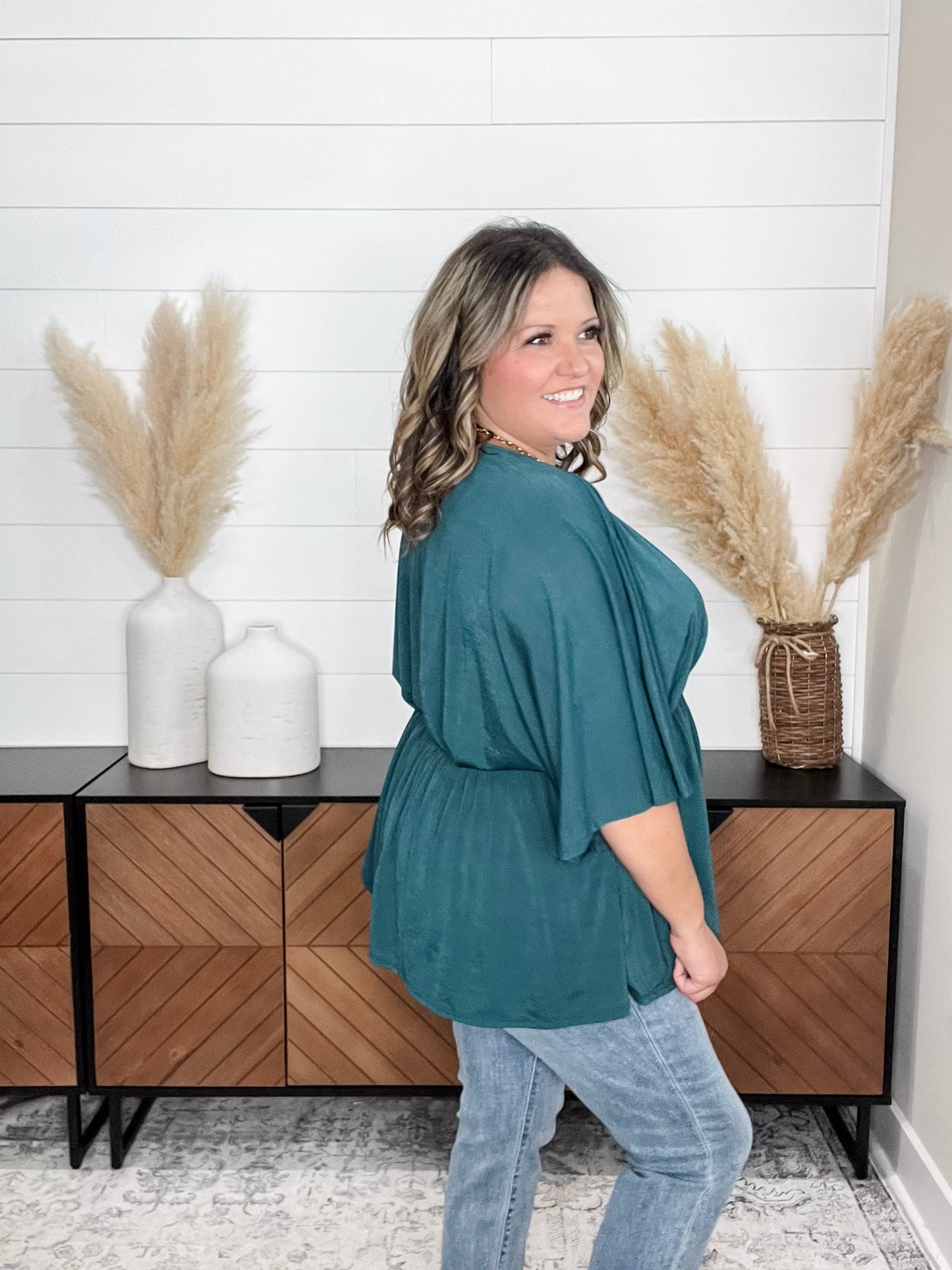 "Here We Go Again" V Neck 3/4 Bell Sleeve (Hunter Green)