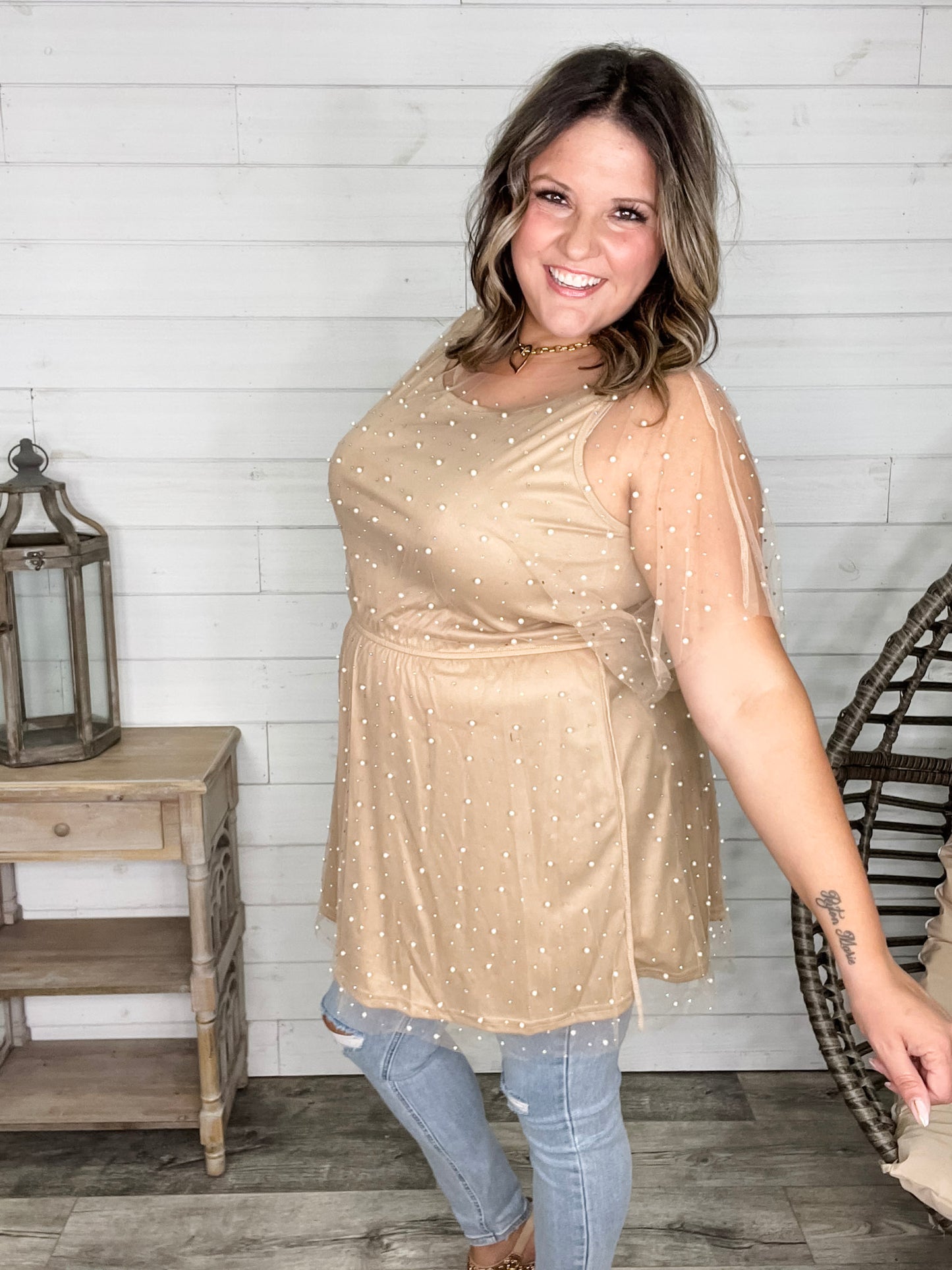 "Eras" Pearl Mesh Lined Tunic / Dress (Nude)