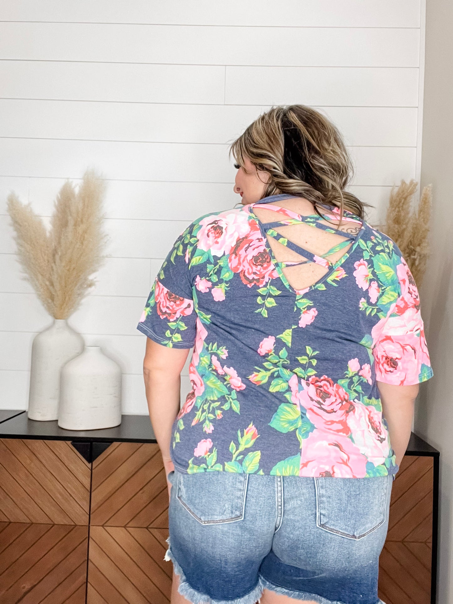 "Troublesome" Floral Short Sleee with Criss Cross Back Design