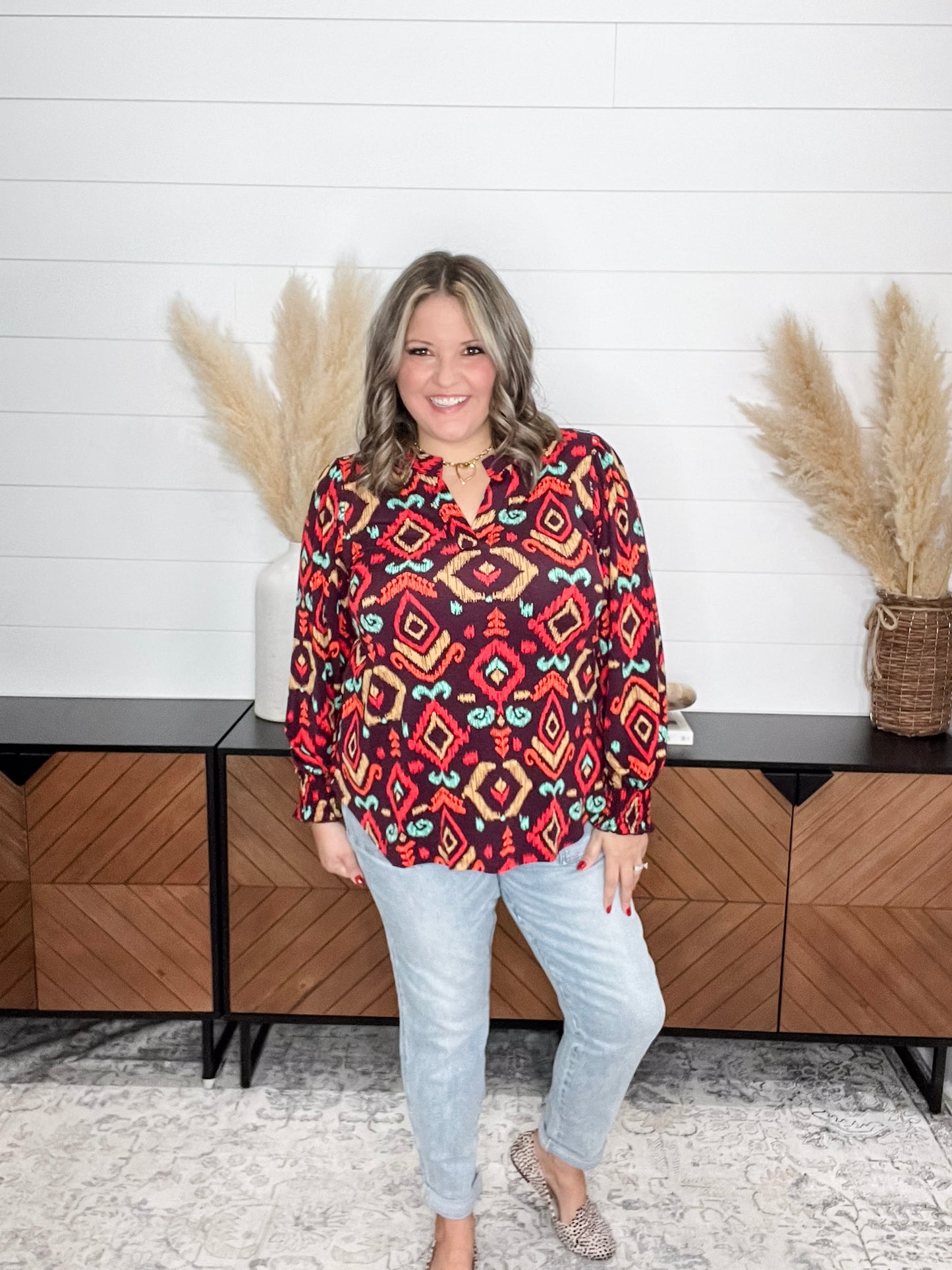 "Conway" Smocked Wrist Long Sleeve Split Neck