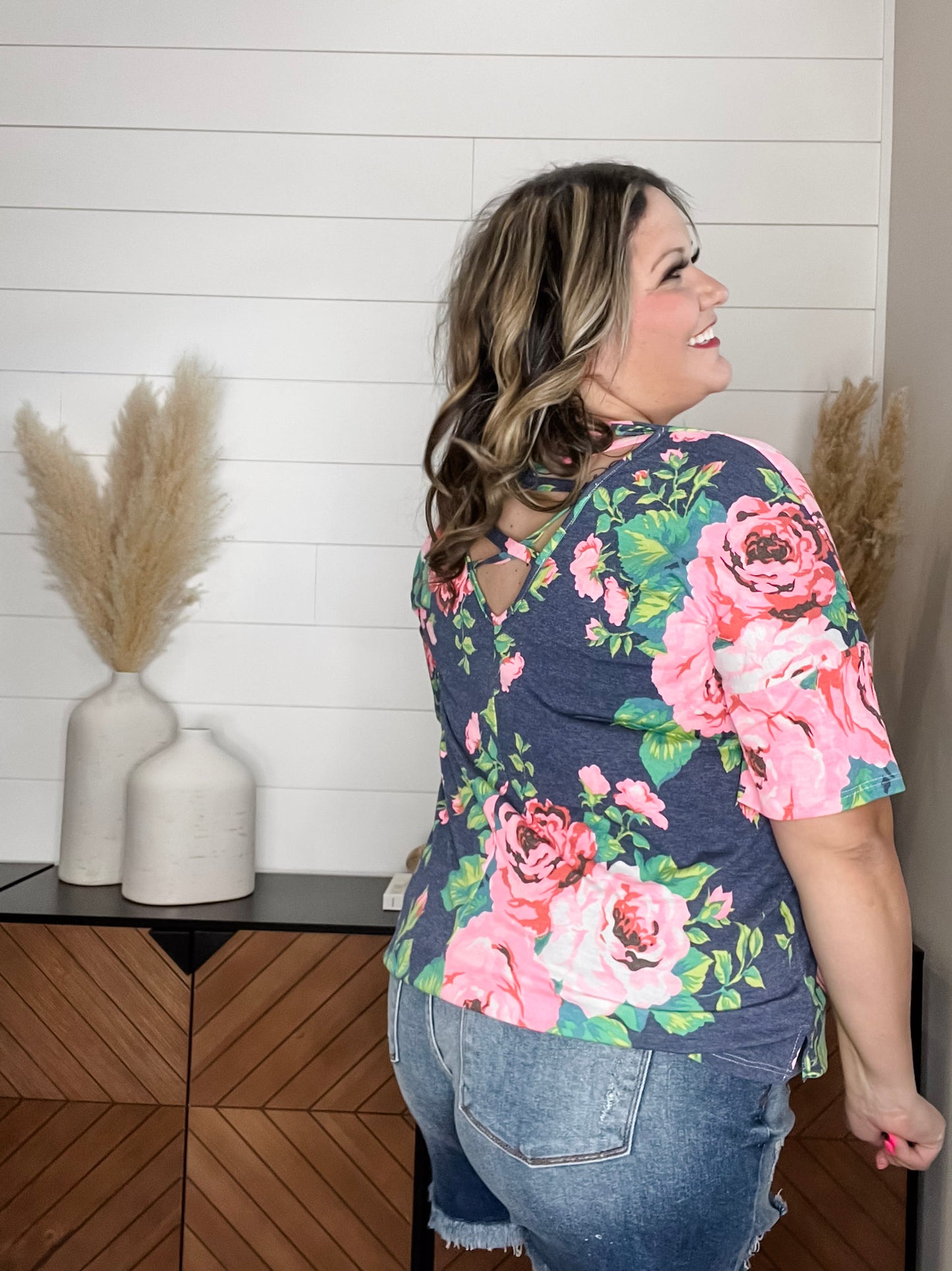 "Troublesome" Floral Short Sleee with Criss Cross Back Design
