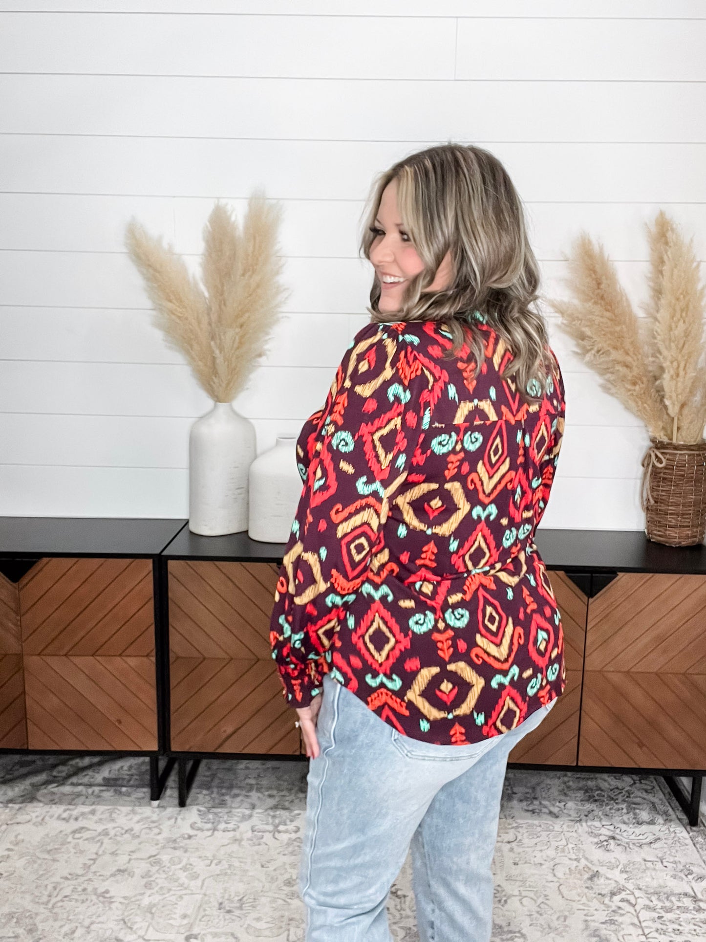 "Conway" Smocked Wrist Long Sleeve Split Neck
