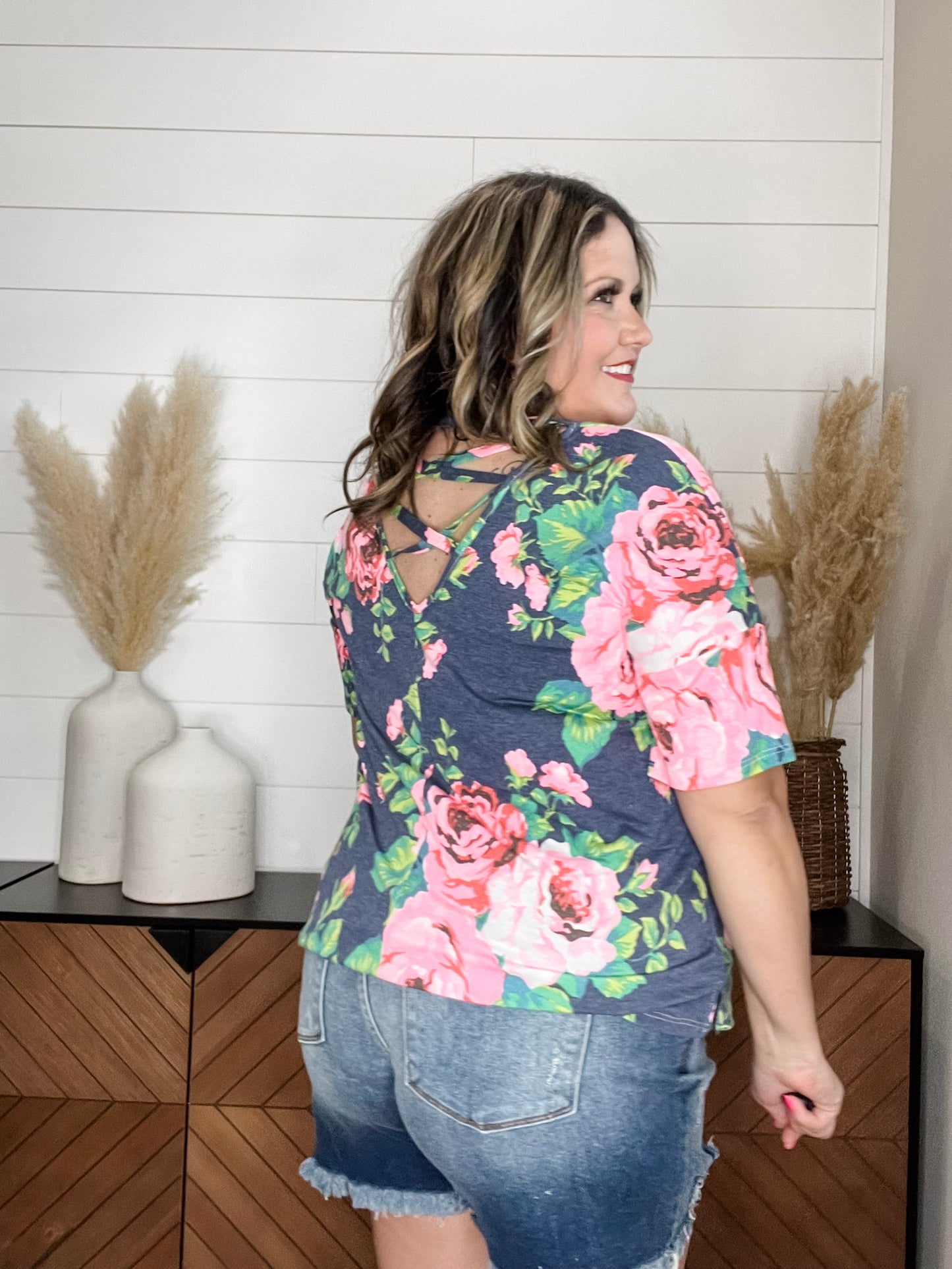 "Troublesome" Floral Short Sleee with Criss Cross Back Design