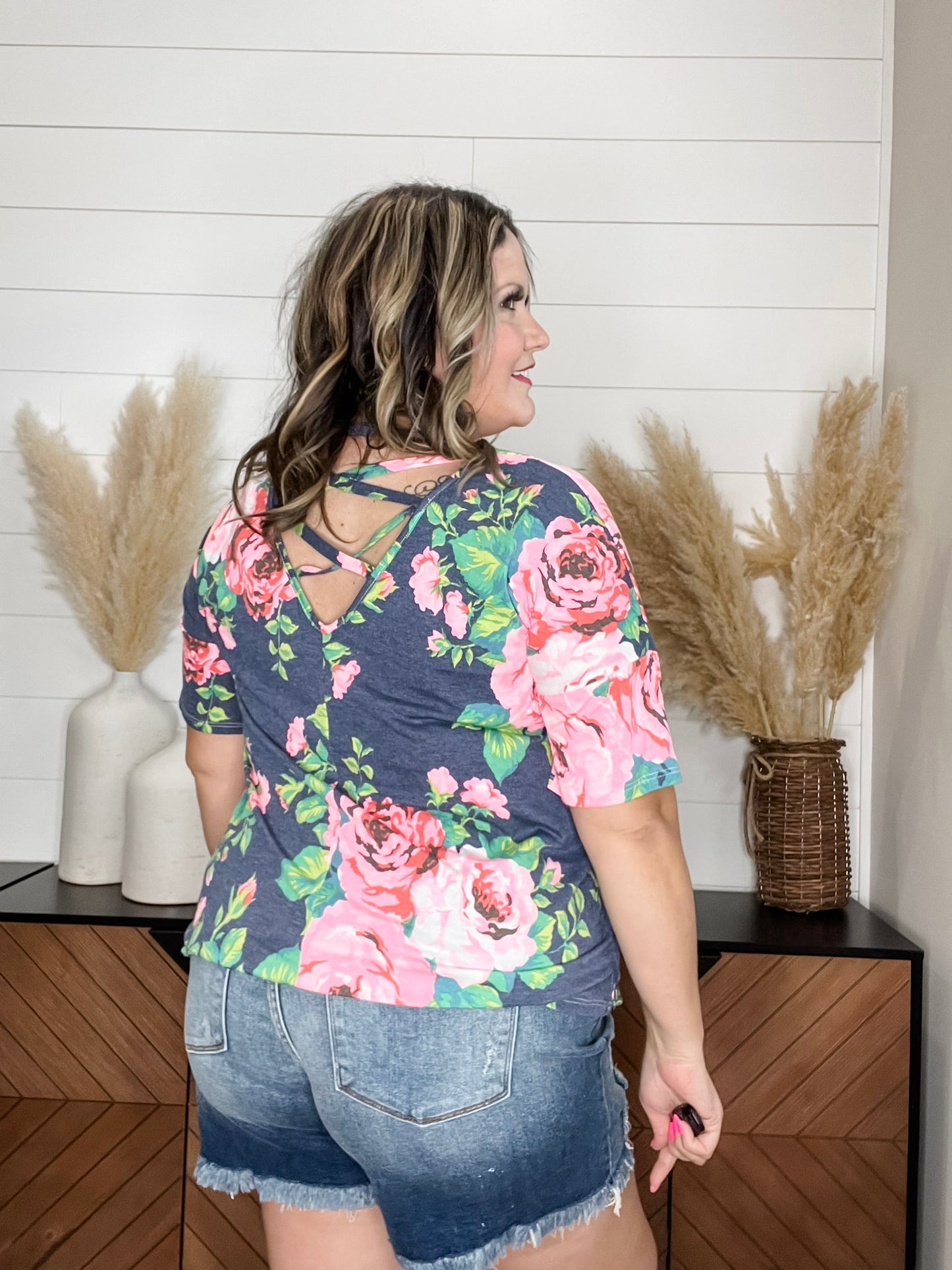 "Troublesome" Floral Short Sleee with Criss Cross Back Design