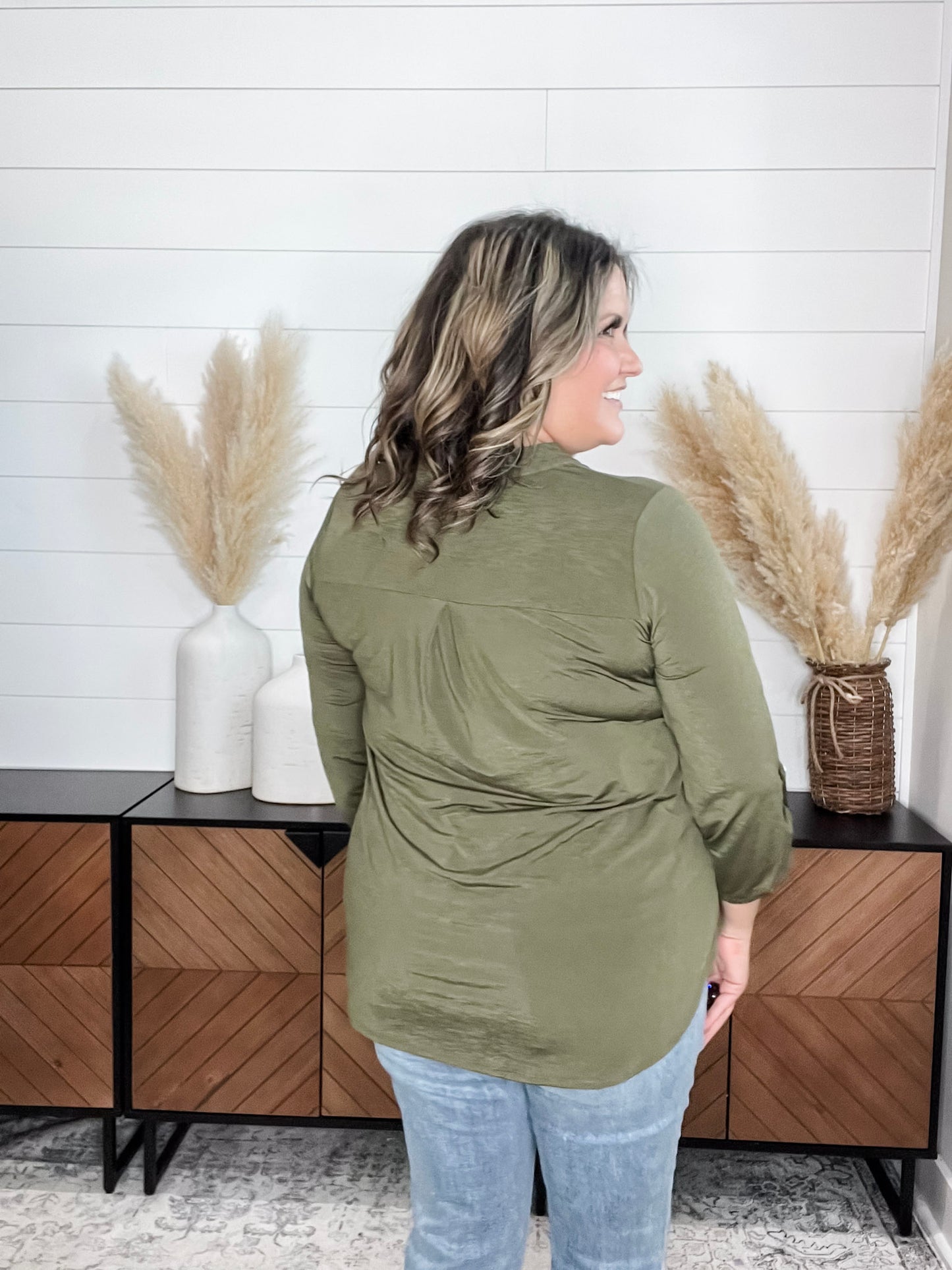 "Timeline" 3/4 Sleeve Split Neck (Olive)