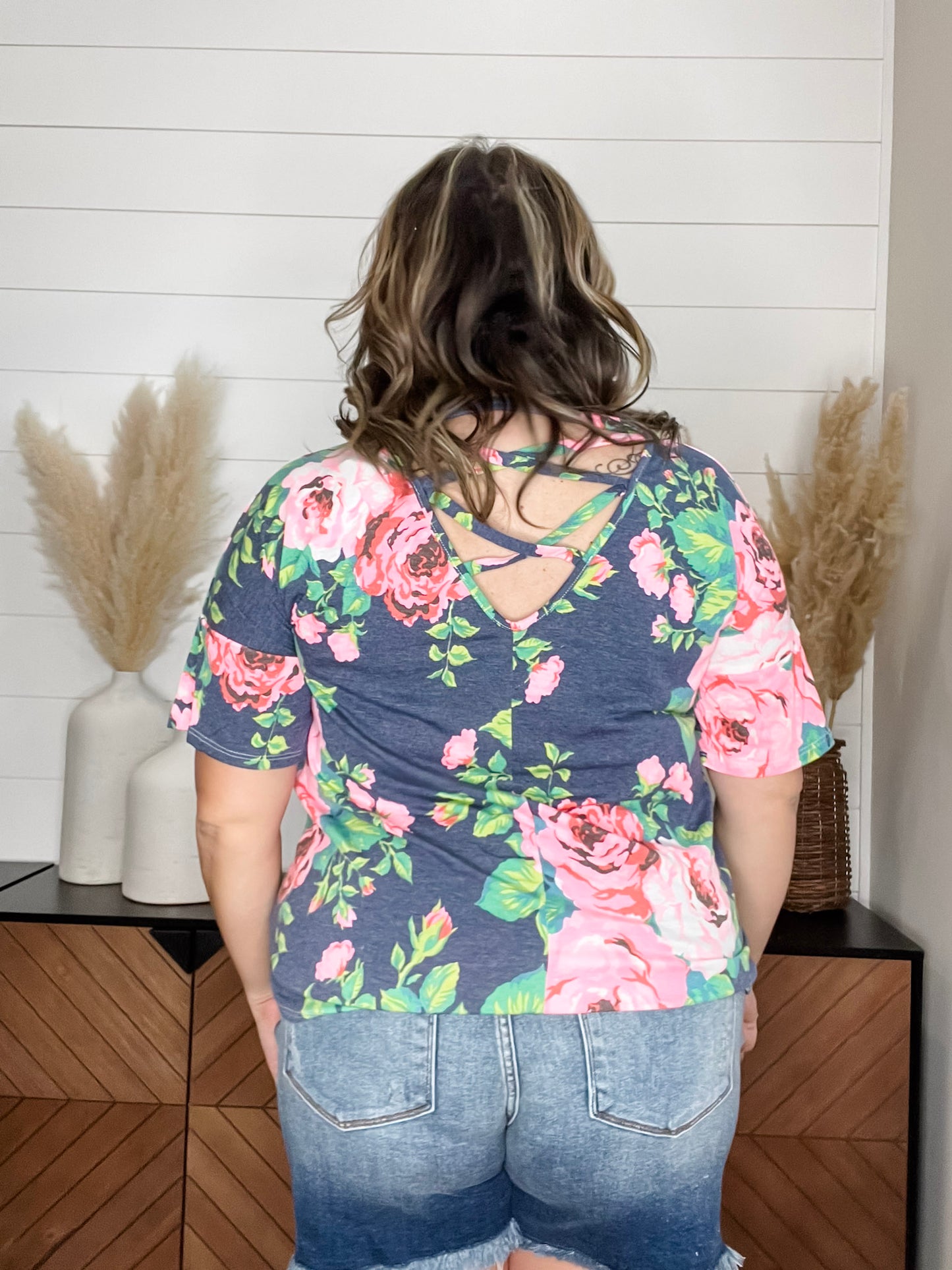 "Troublesome" Floral Short Sleee with Criss Cross Back Design