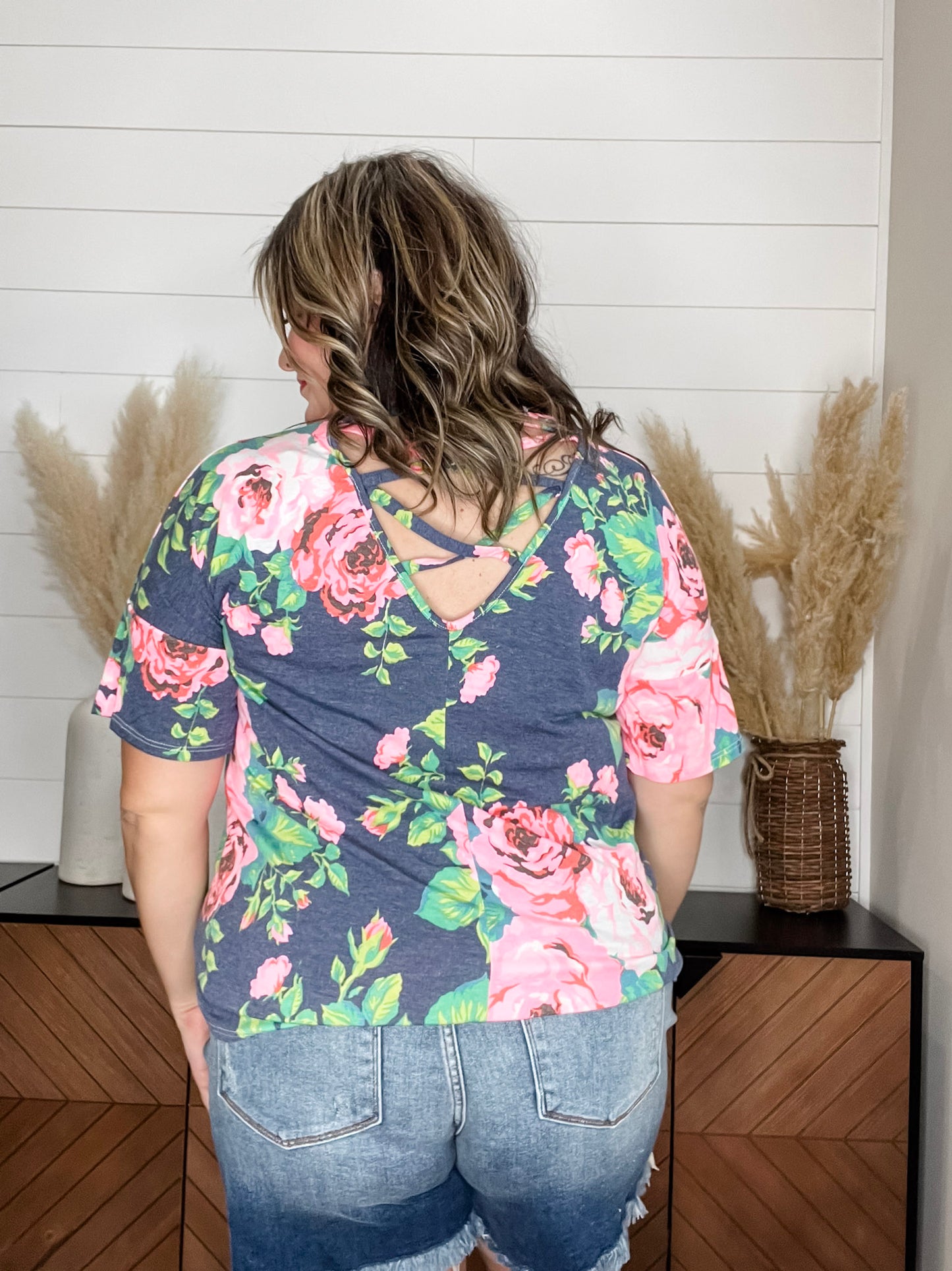"Troublesome" Floral Short Sleee with Criss Cross Back Design