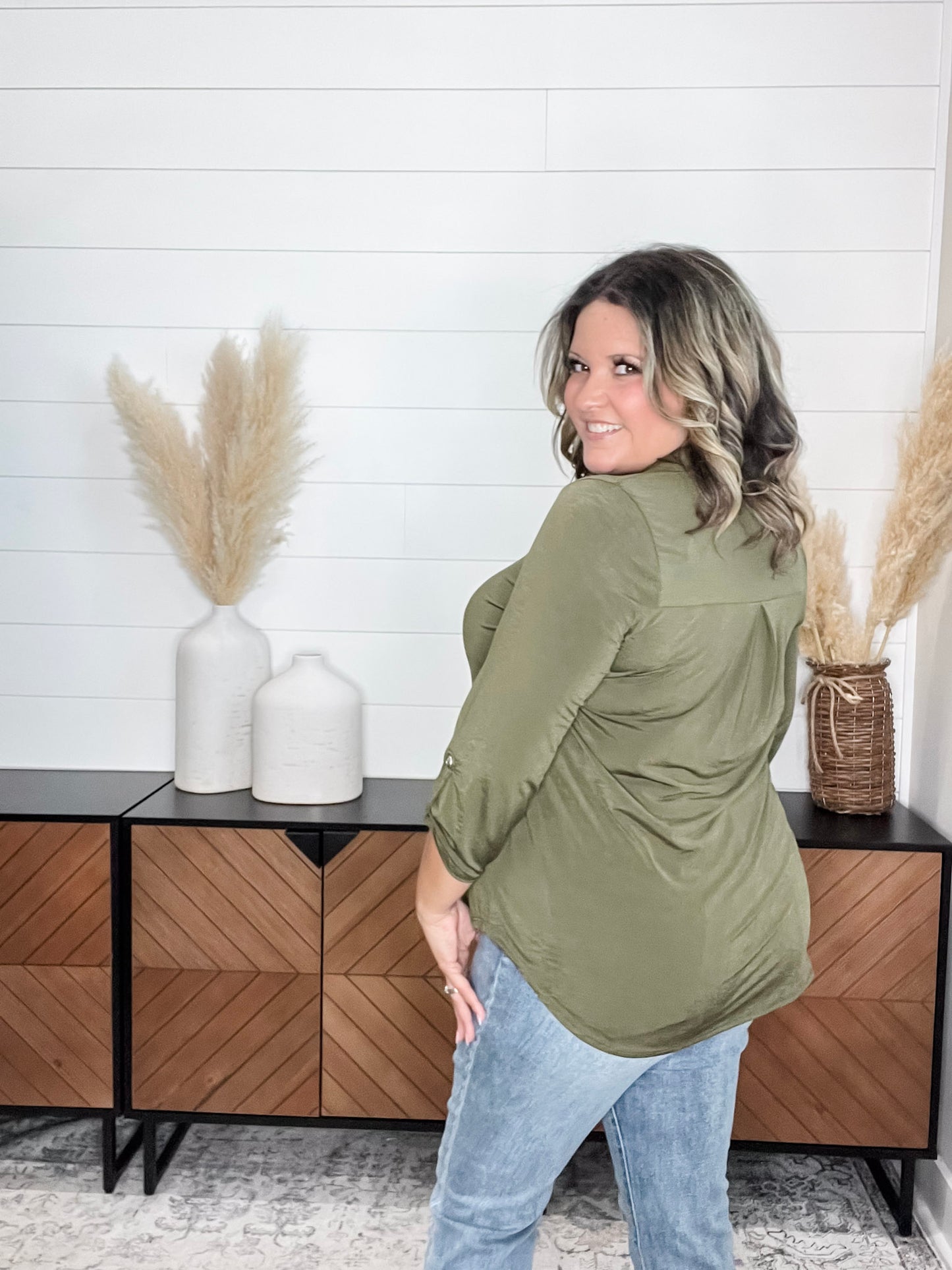 "Timeline" 3/4 Sleeve Split Neck (Olive)