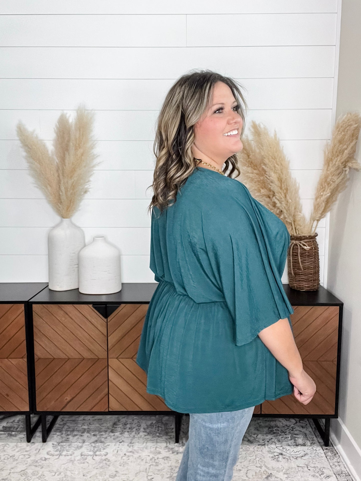 "Here We Go Again" V Neck 3/4 Bell Sleeve (Hunter Green)