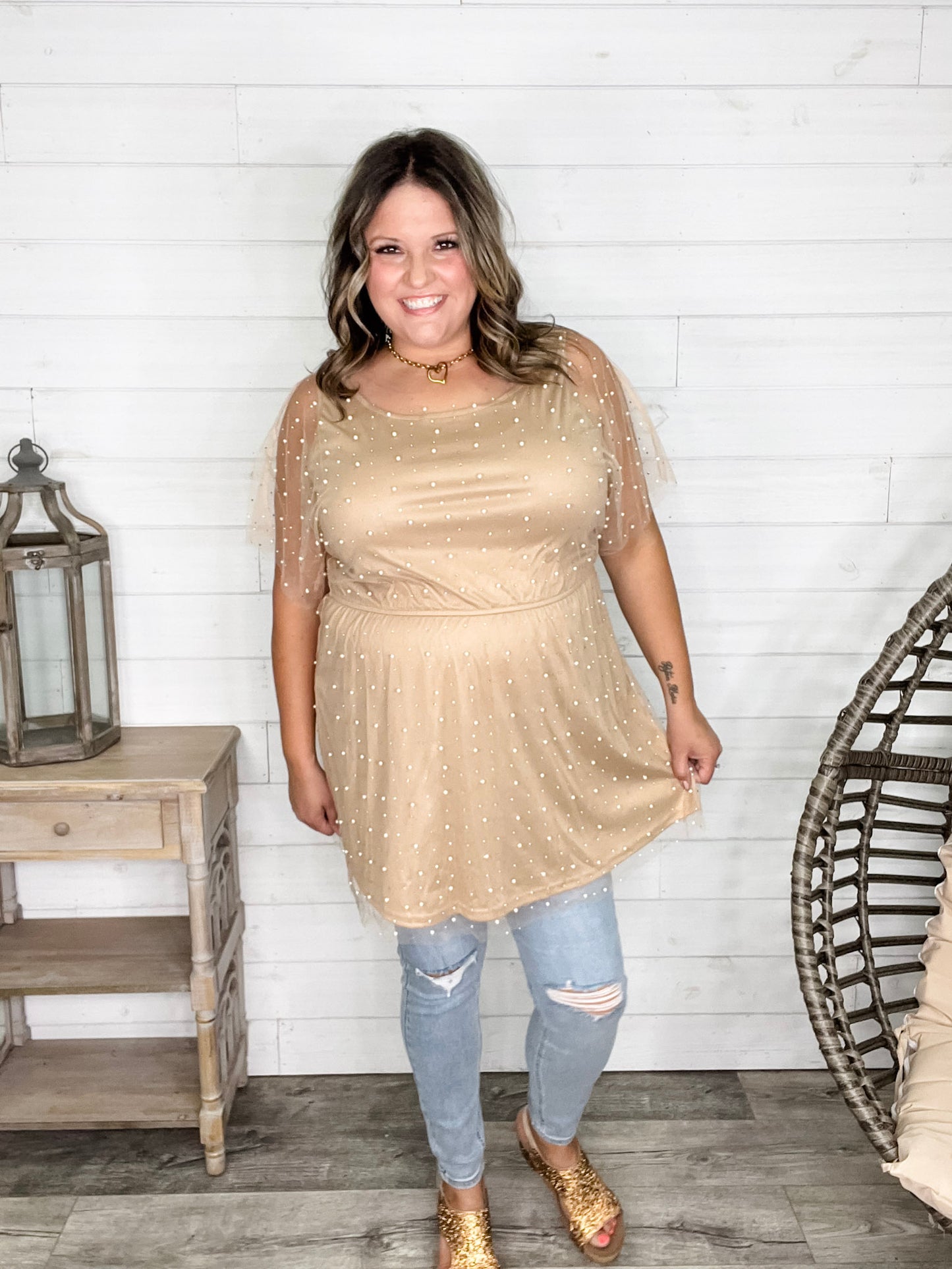 "Eras" Pearl Mesh Lined Tunic / Dress (Nude)