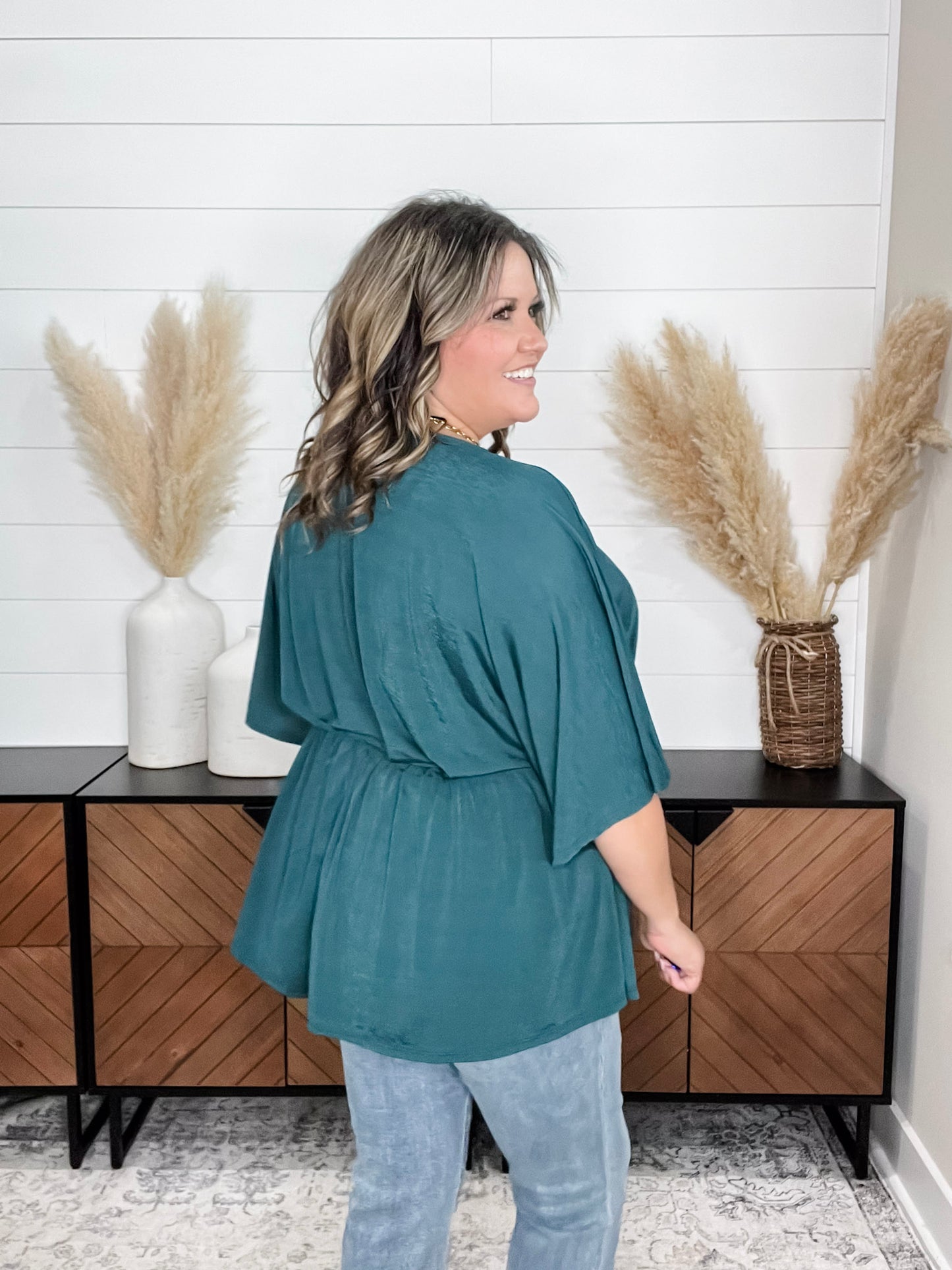 "Here We Go Again" V Neck 3/4 Bell Sleeve (Hunter Green)