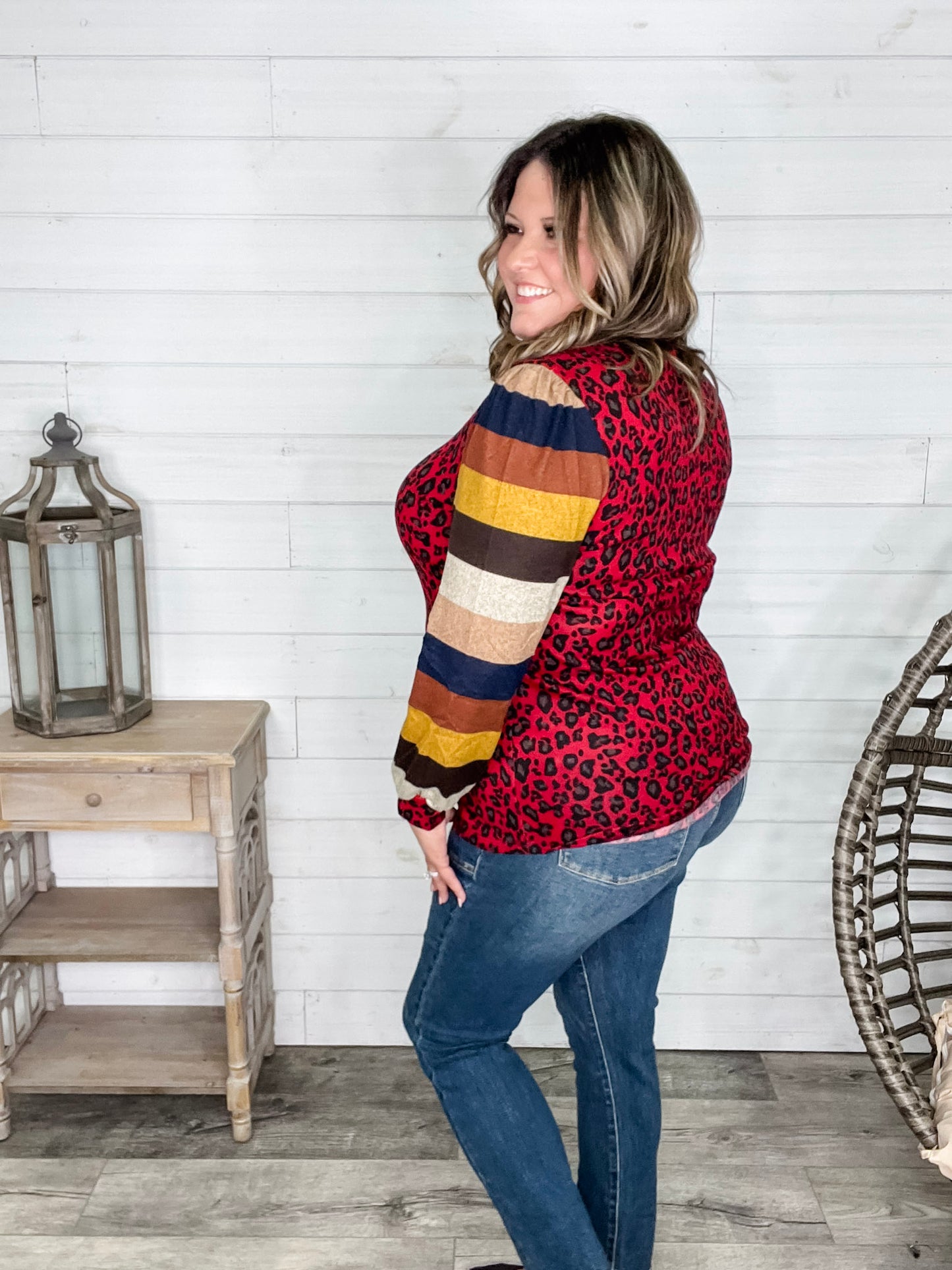 "Well Ok" Long Sleeve Animal Print with Stripe Accent