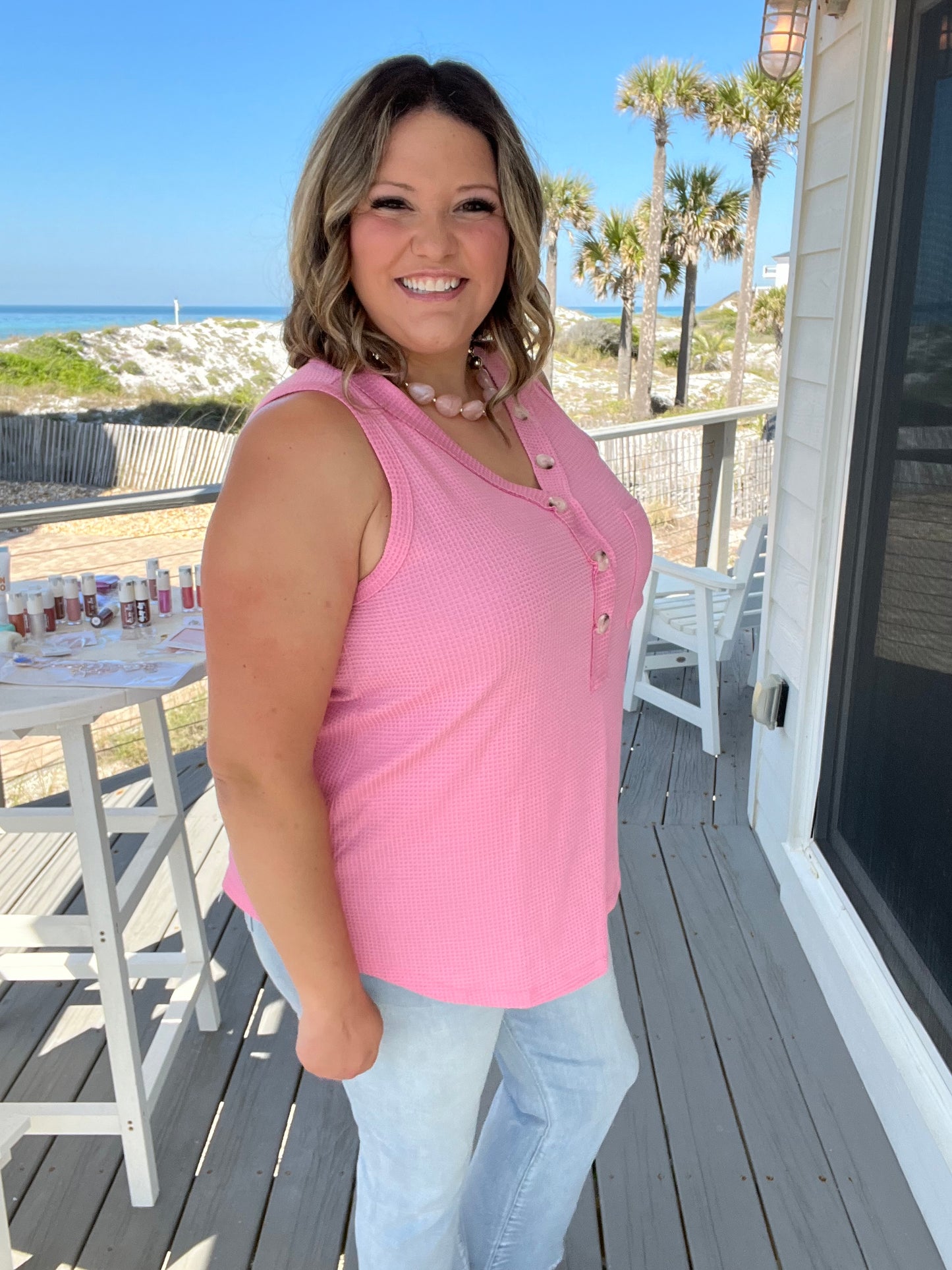 "Caldwell" Waffle Texture Tank with Chest Pockets and Faux Buttons (Pink)