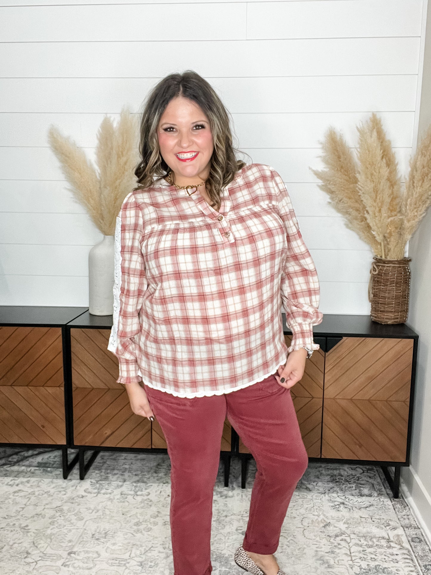 "Fall Into" Long Sleeve Plaid with Lace Detail