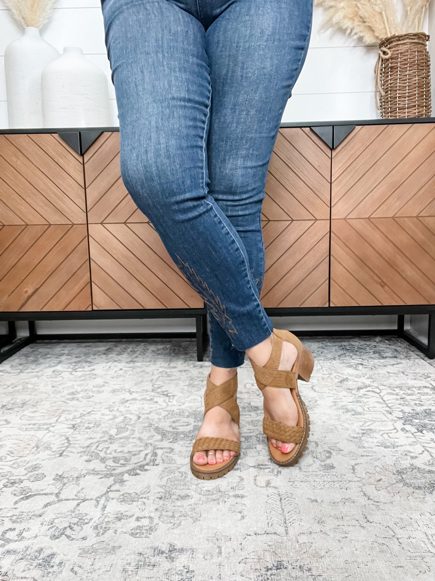 "Vana" Faux Suede Sandal By Very G with Laser Cut Rose Detail (Tan)