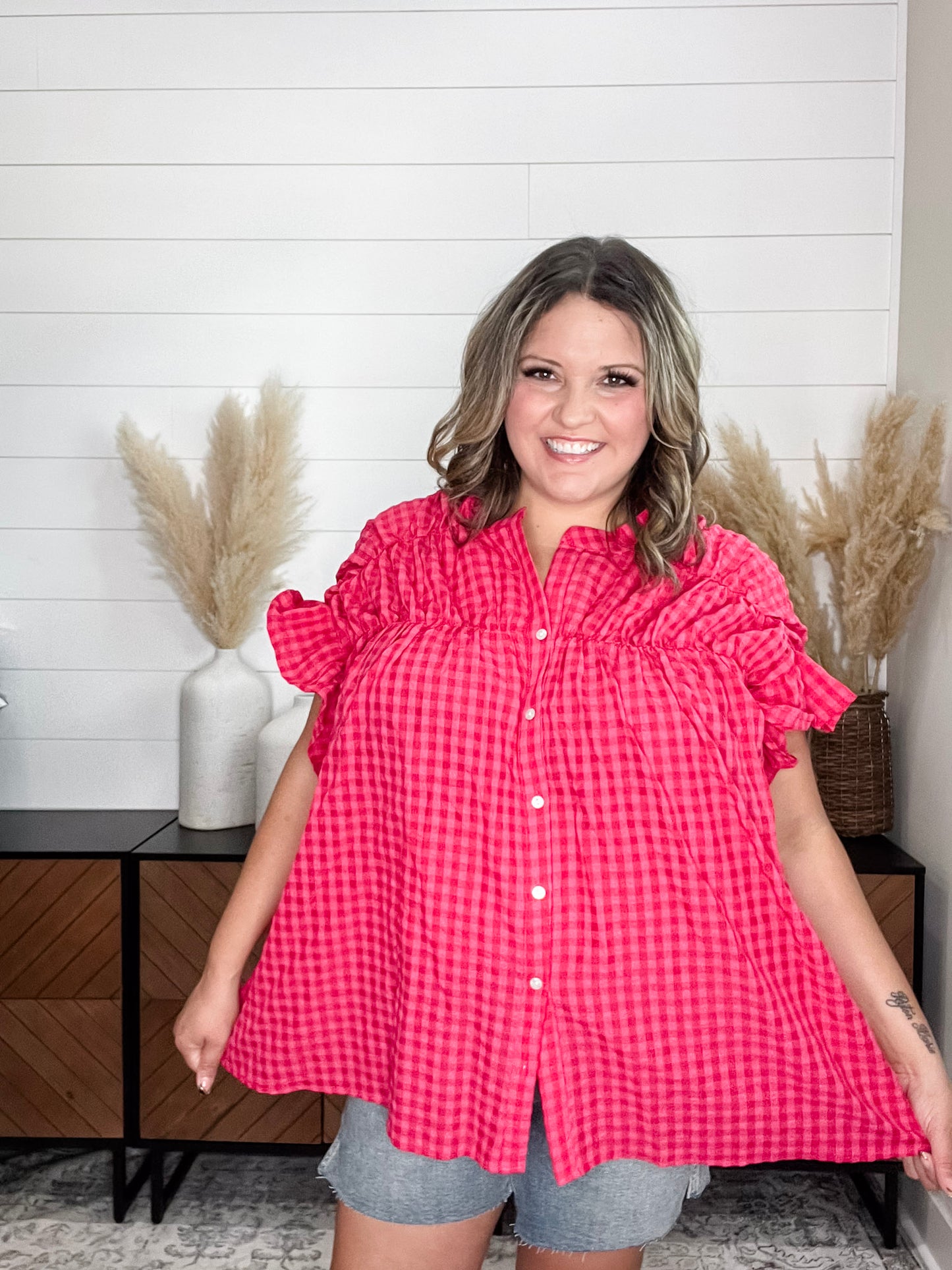 "Picnic Style" Ruffle Short Sleeve Button Up