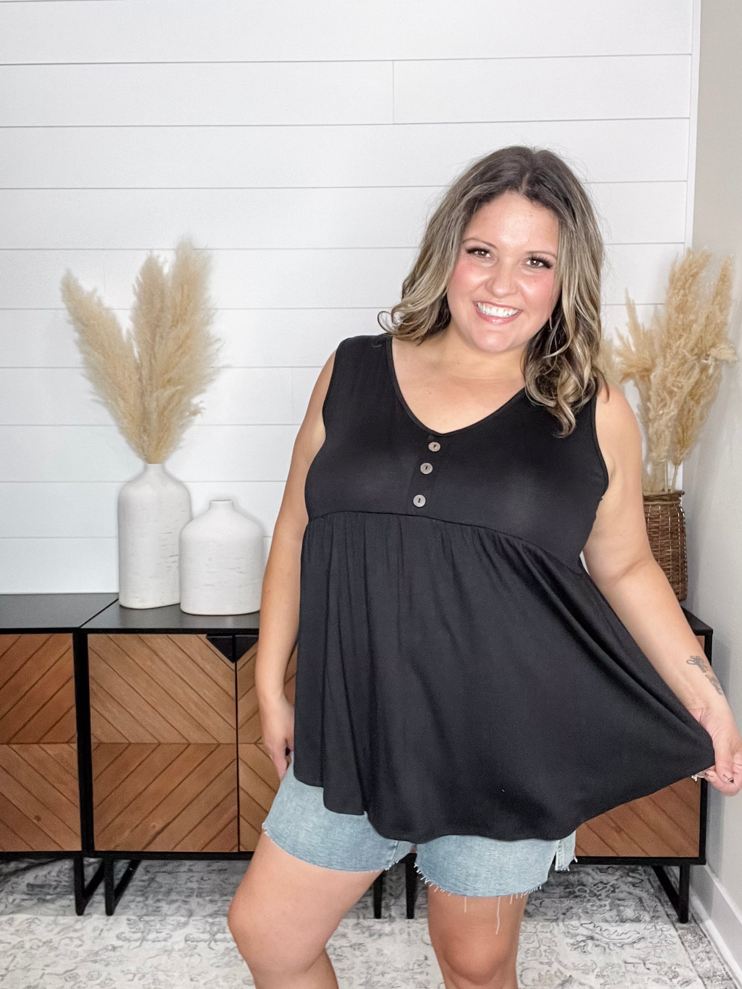 "Lottie" Babydoll V Neck Tank Top (Black)
