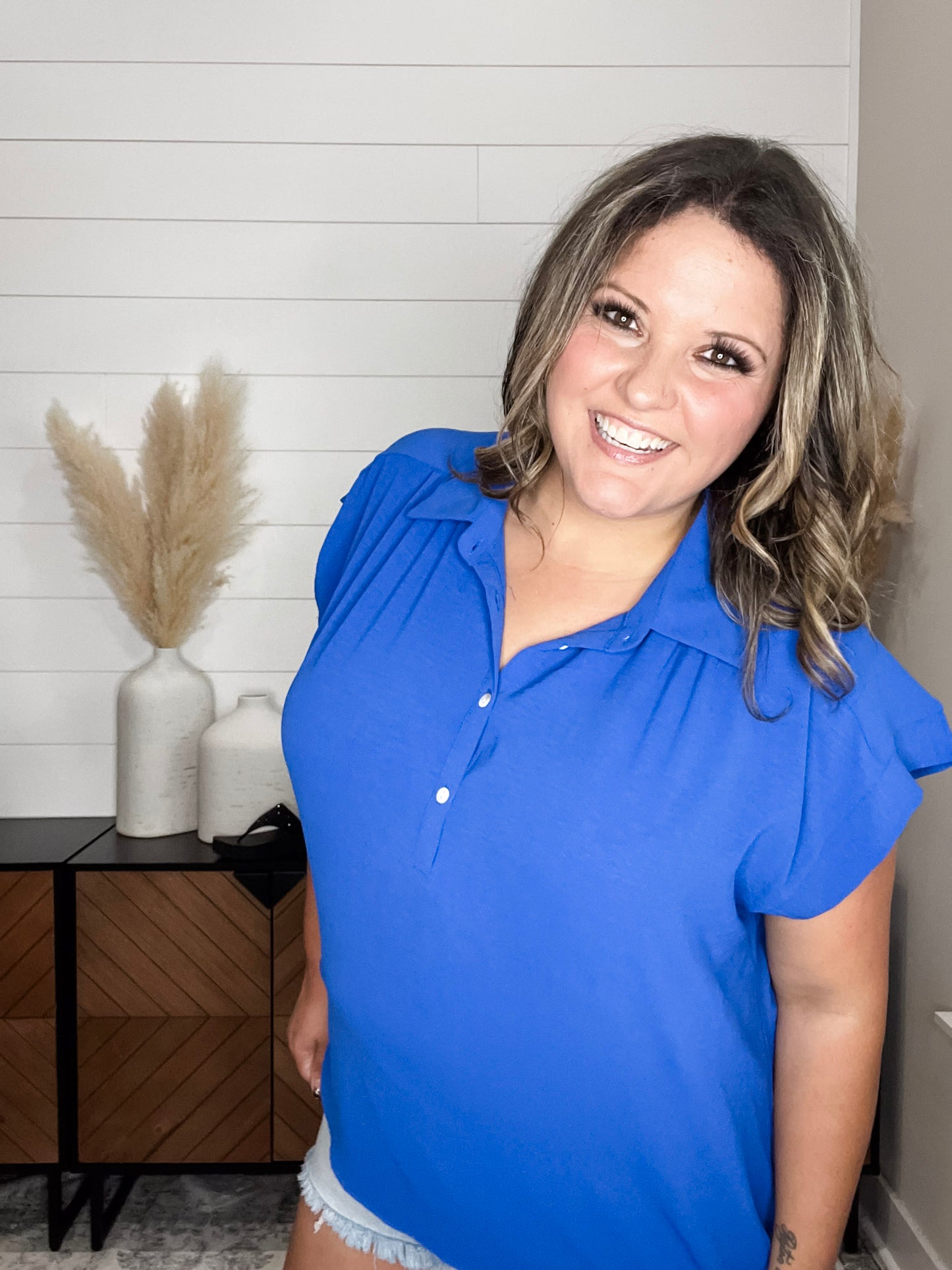 "Bailee" Collared Cap Sleeve Blouse with Front Buttons (Royal Blue)
