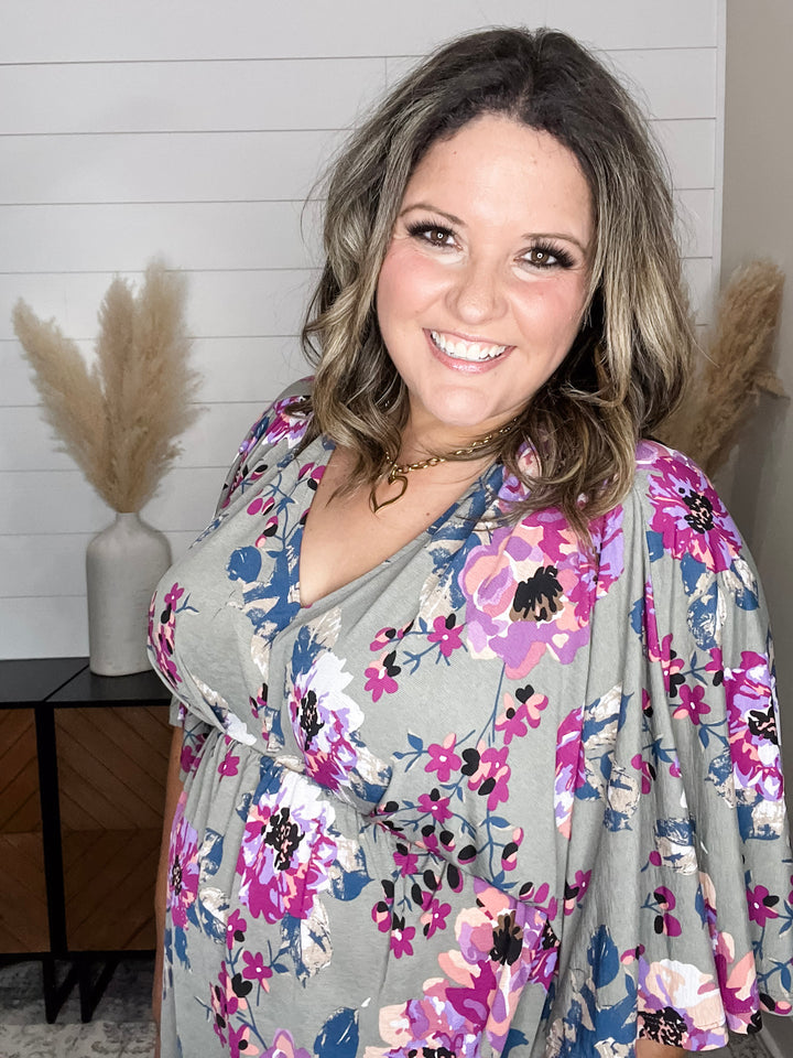 "Well Wishes" Floral V Neck 3/4 Bell Sleeve