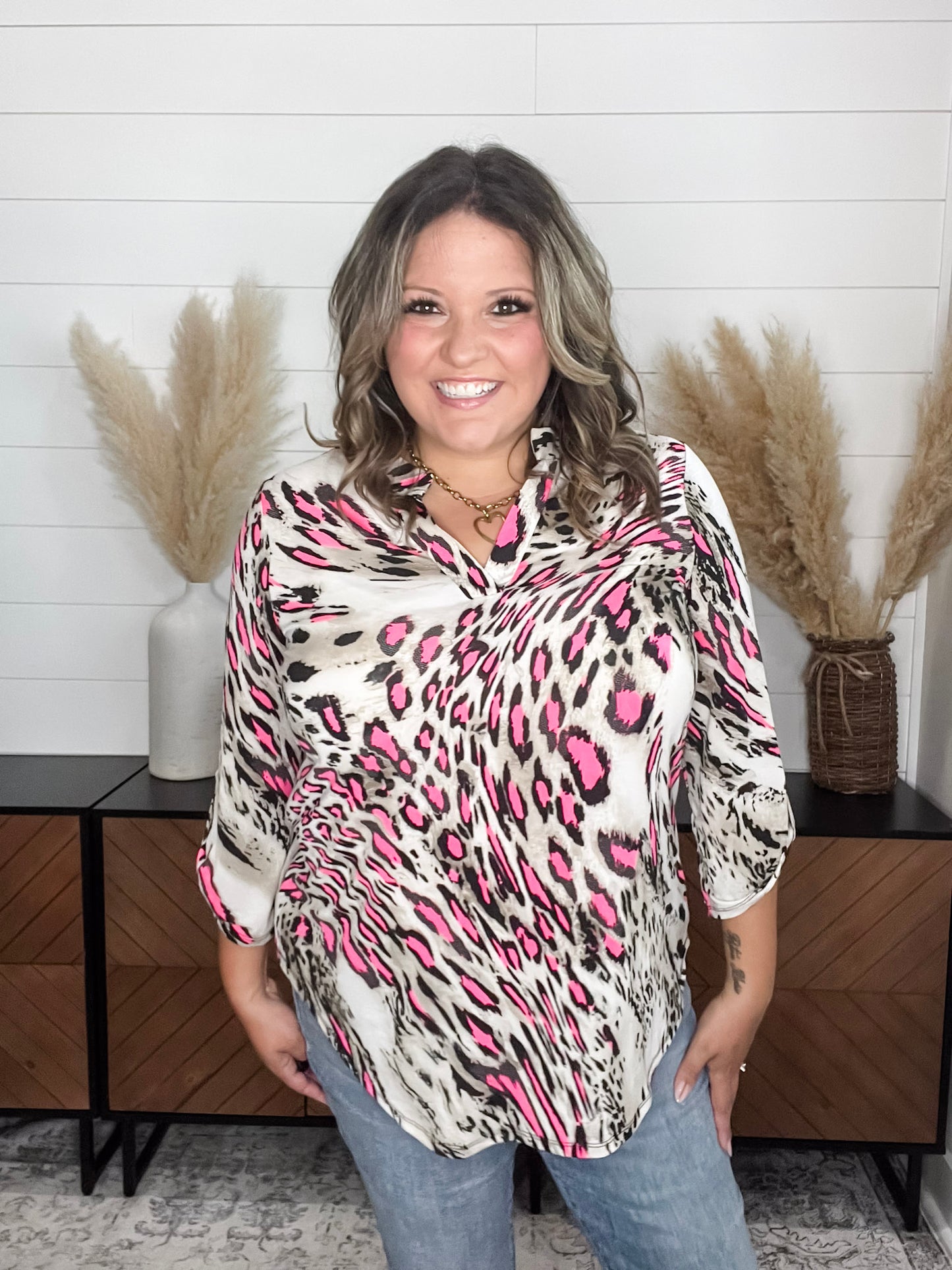 "Distinctive" Animal Print Lizzy 3/4 Sleeve Split Neck