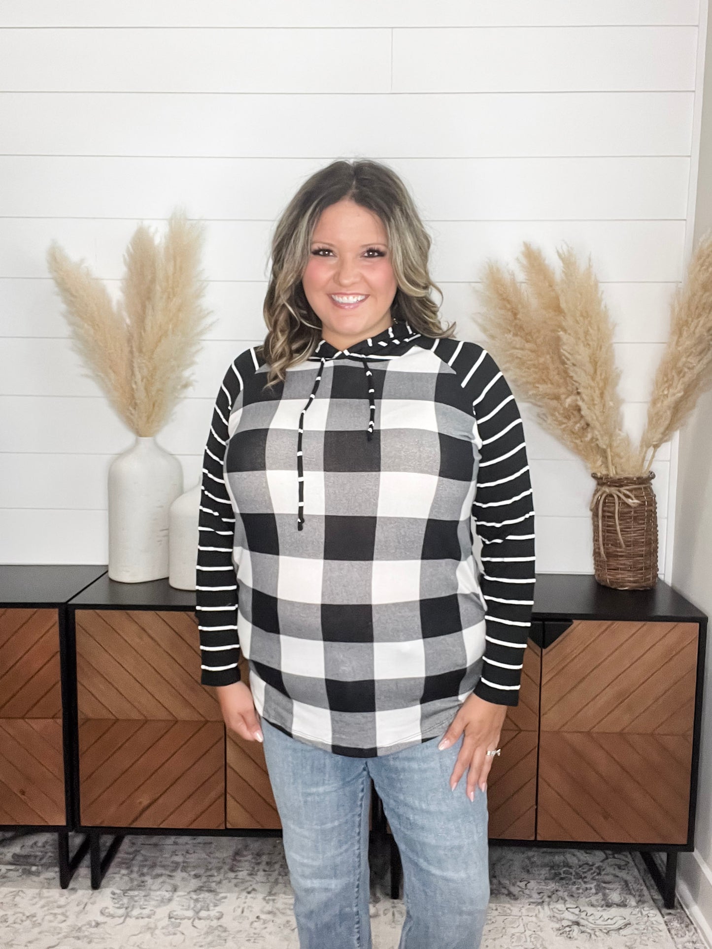 "Crystal" Light Weight Hoodie with Stripe Sleeve (Black & White Plaid)
