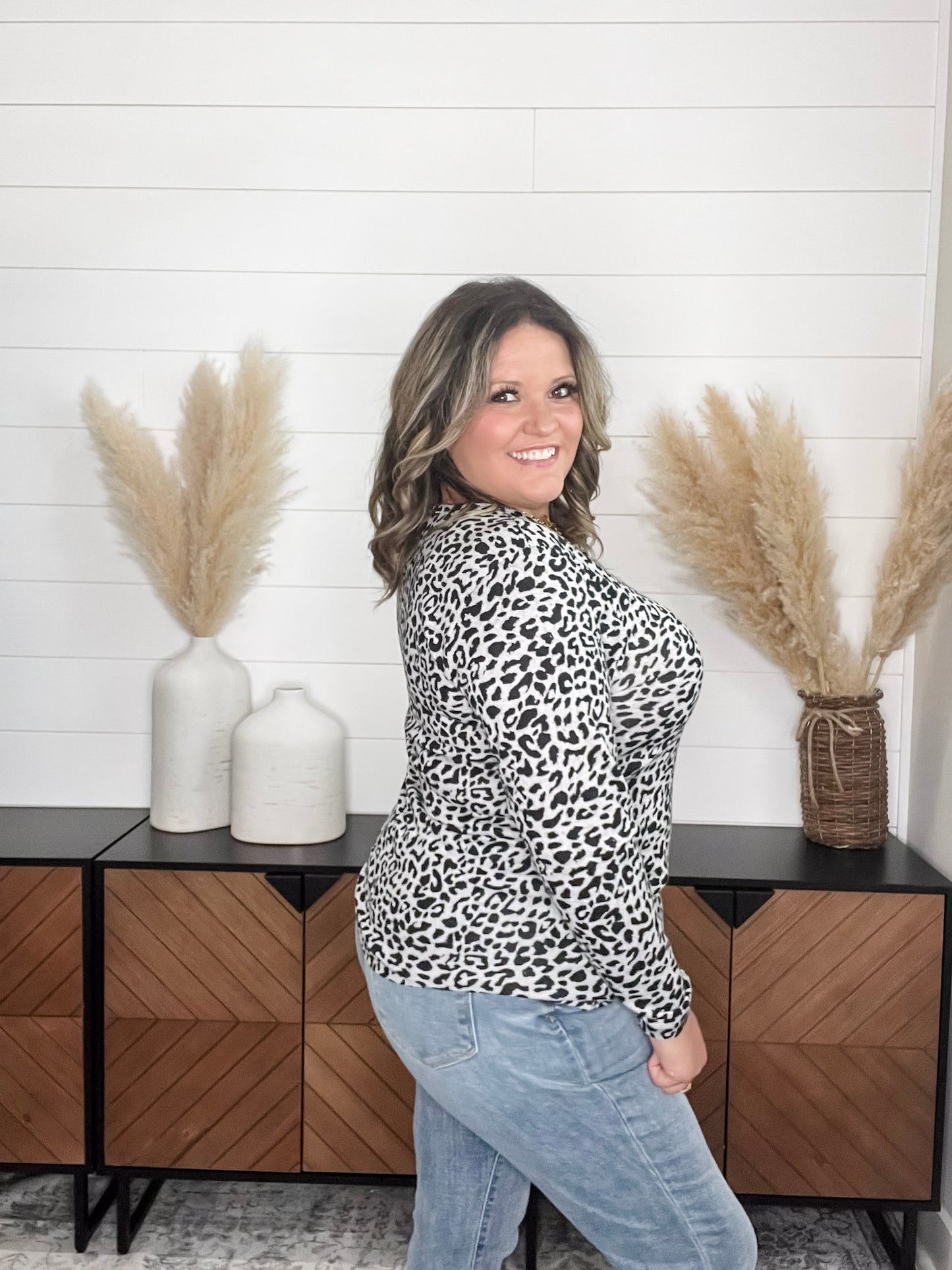 "Dixie" Animal Print Long Sleeve with Criss Cross Design (Grey)