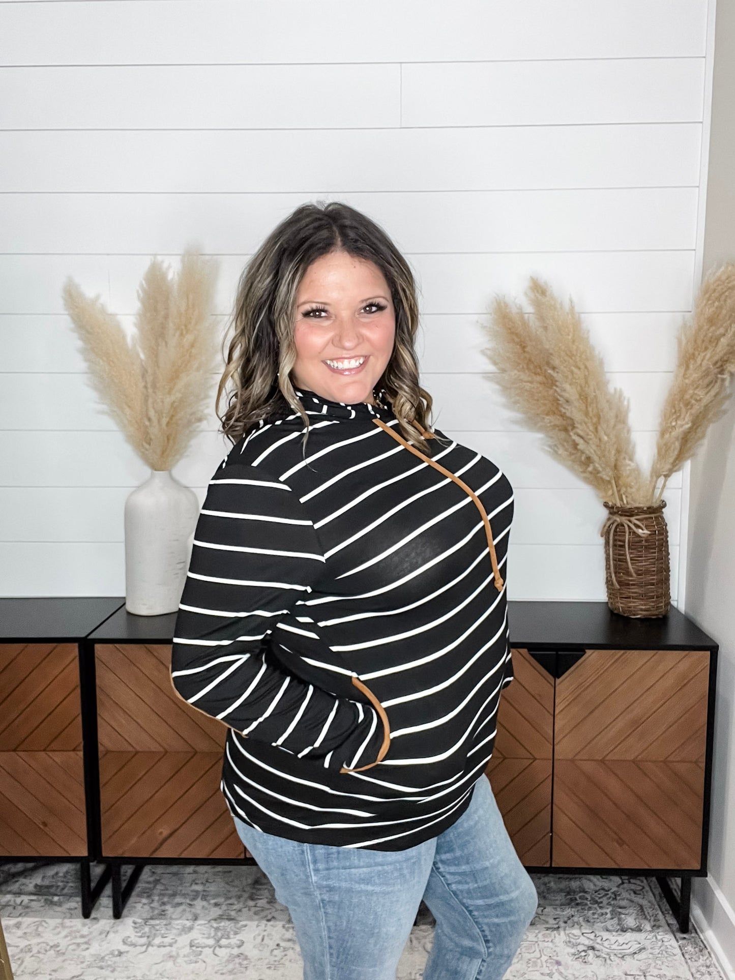 "Libby" Striped Hoodie with Faux Suede Elbow Patches