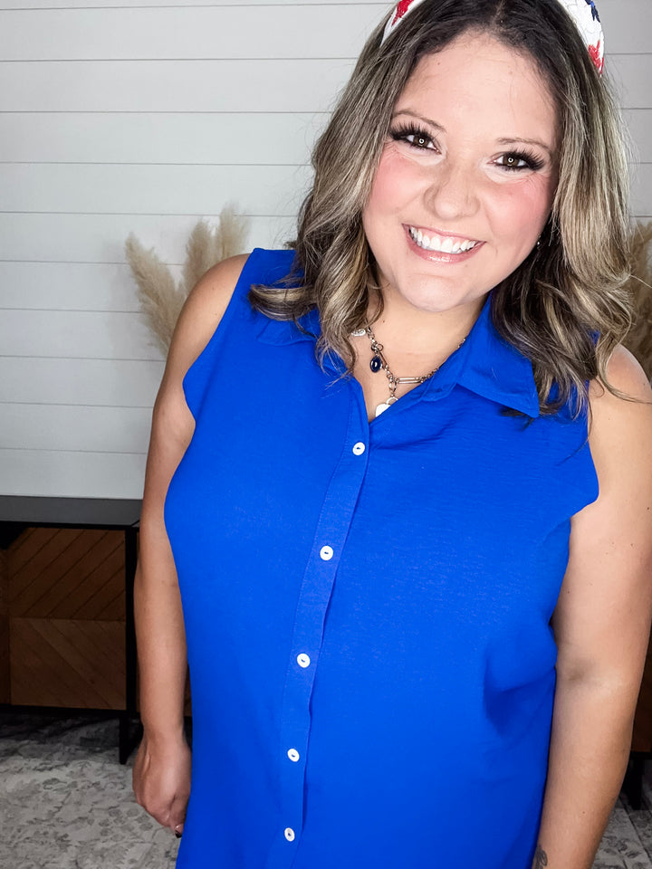 "Gibbs" Button Up Collared Tank (Royal Blue)