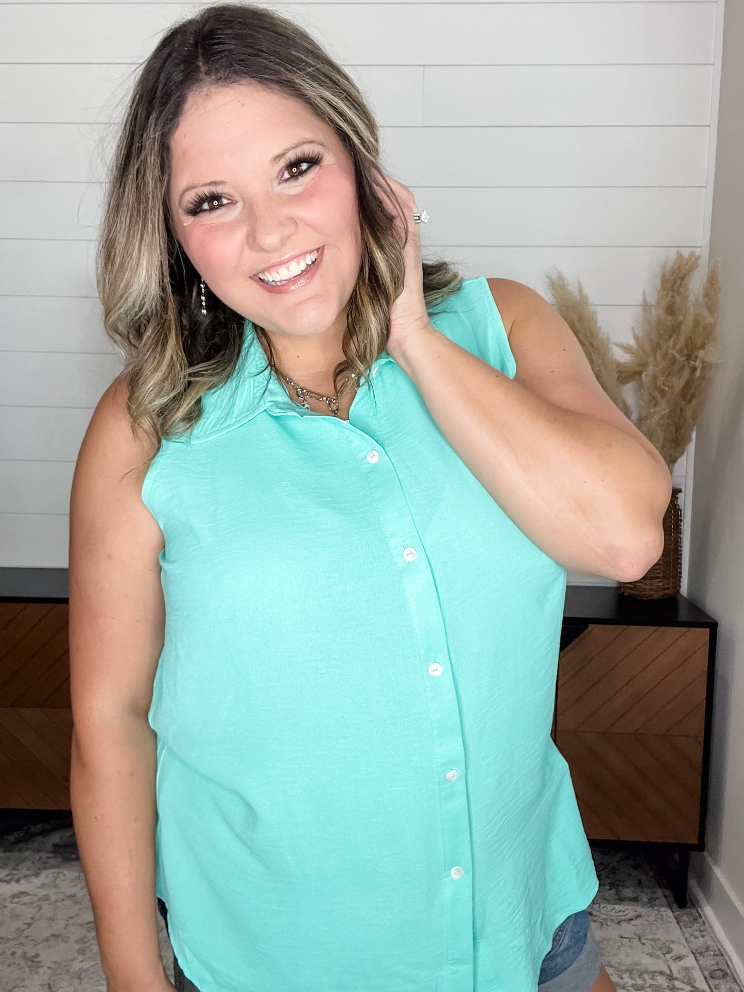 "Gibbs" Button Up Collared Tank (Aqua Mint)