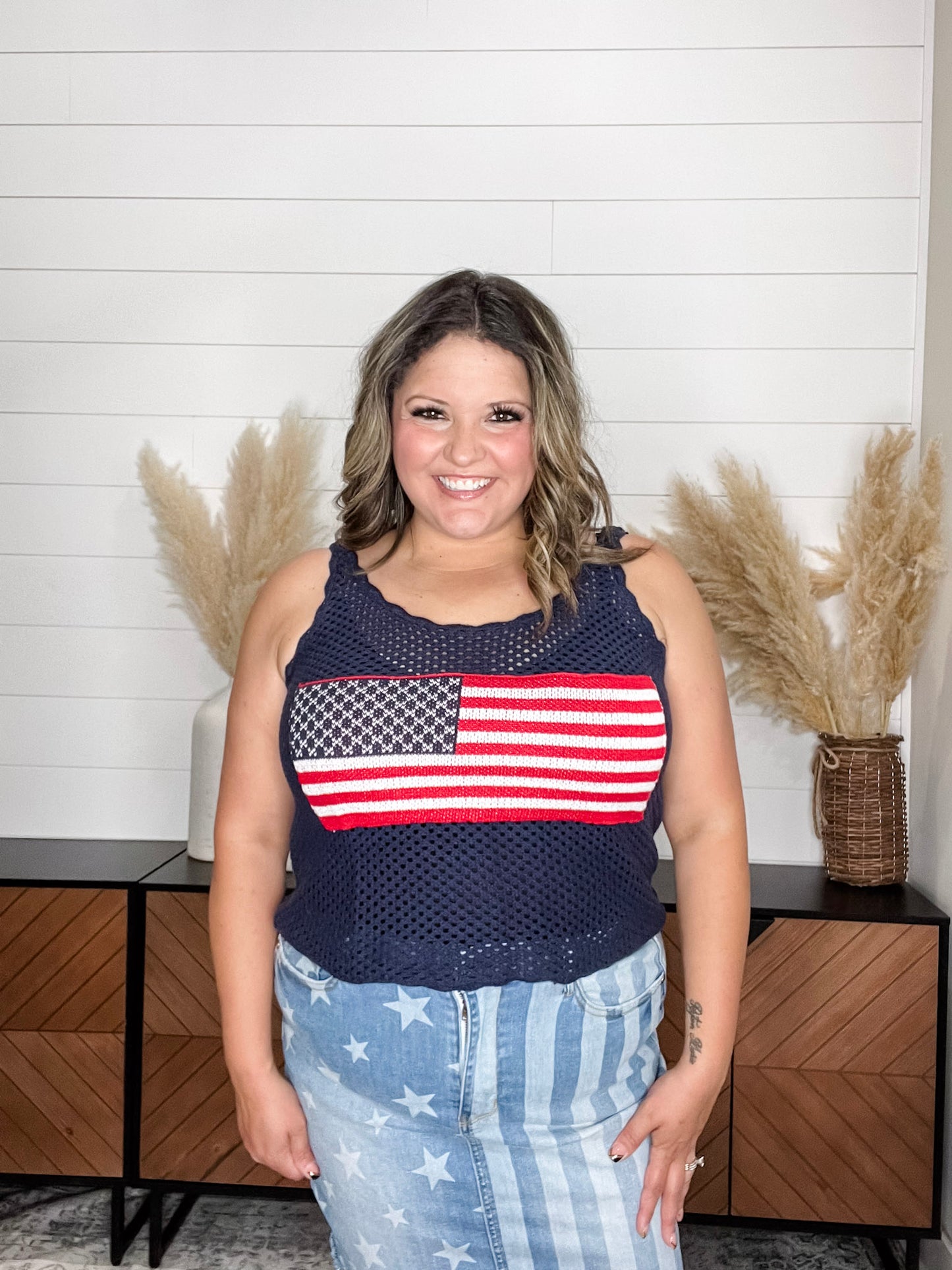 "Banner" Cropped Crochet Flag Tank (Navy)