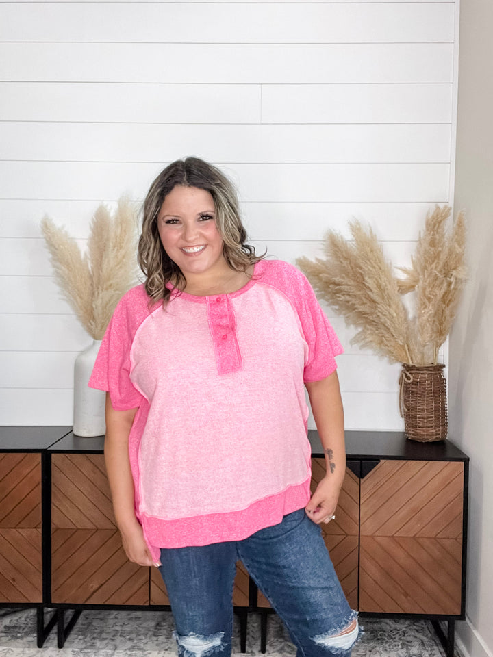 "Dunnigan" Oversized Short Sleeve with Button Front Detail (Pink)