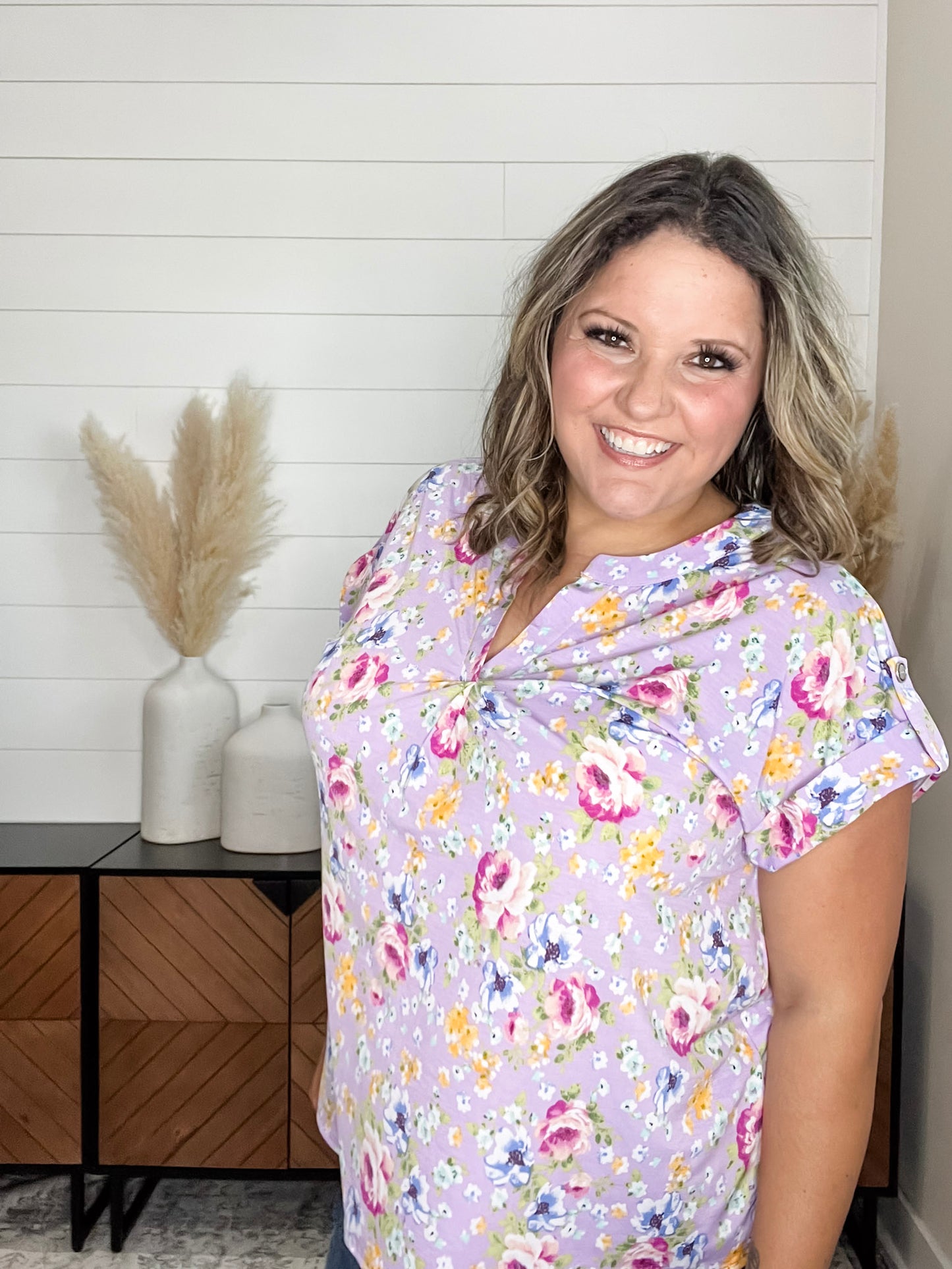 "Archer" Floral Split Neck Cuffed Short Sleeve