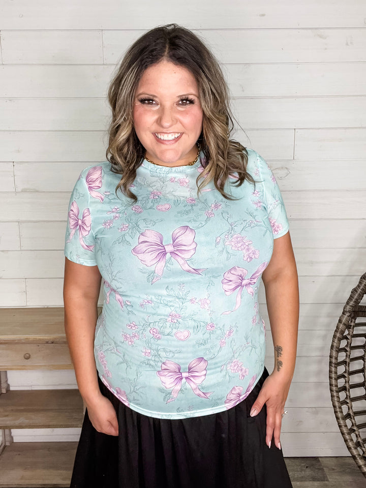 Shirley and Stone "Lavender Bows" Short Sleeve Mesh Top