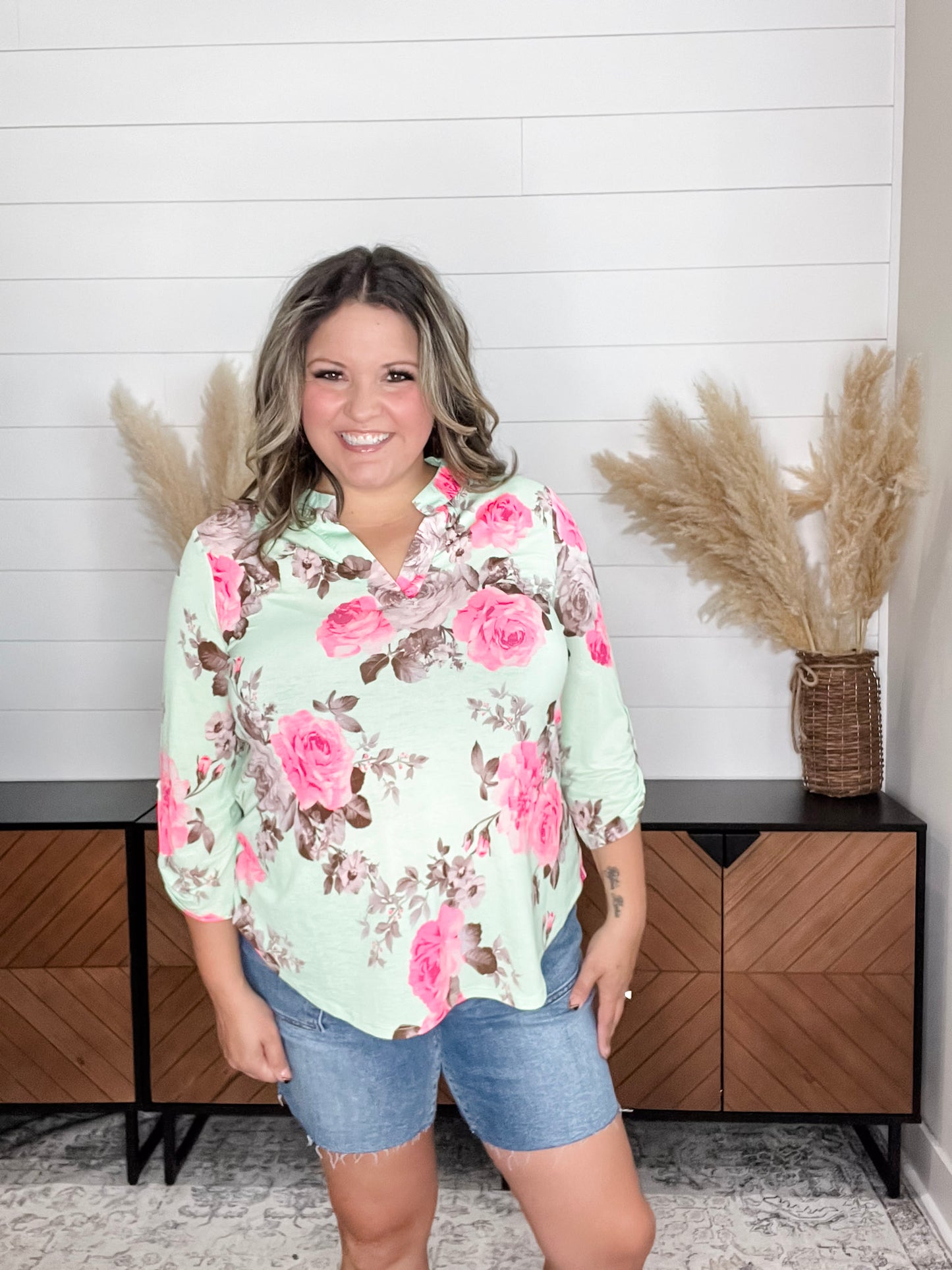 "Entrapment" Floral Lizzy 3/4 Sleeve Split Neck Tops