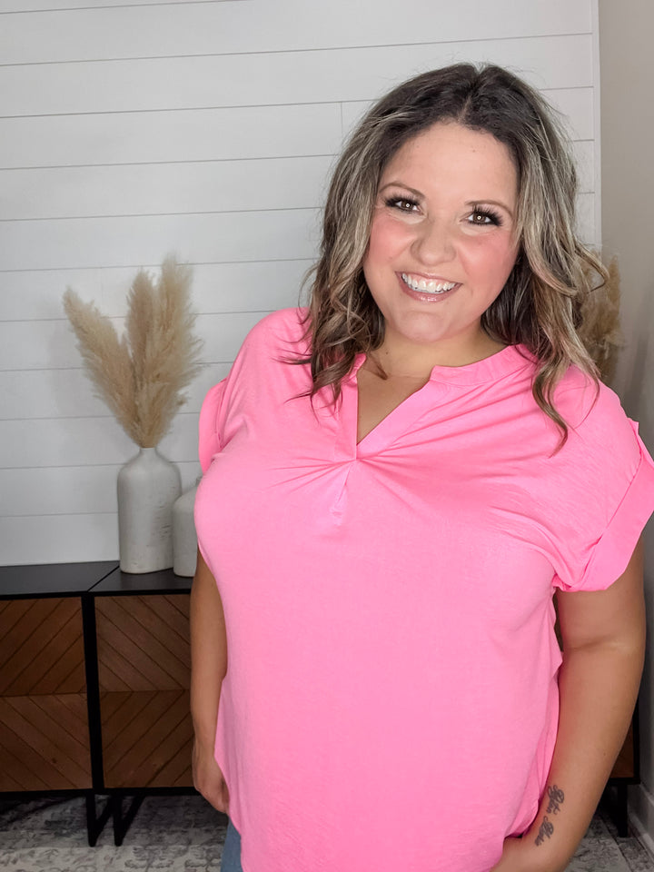 "Dare" Solid Split Neck Cuffed Short Sleeve (Neon Pink)