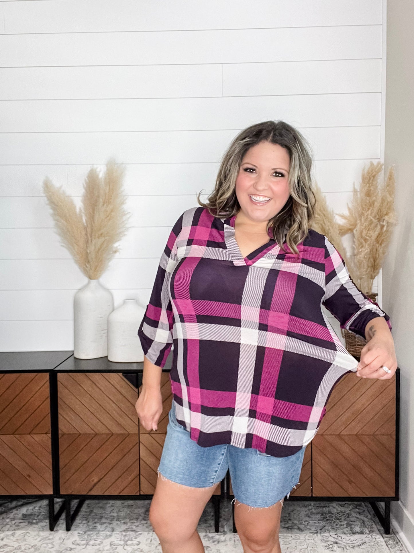 "Blayne" Plaid Lizzy 3/4 Sleeve Split Neck