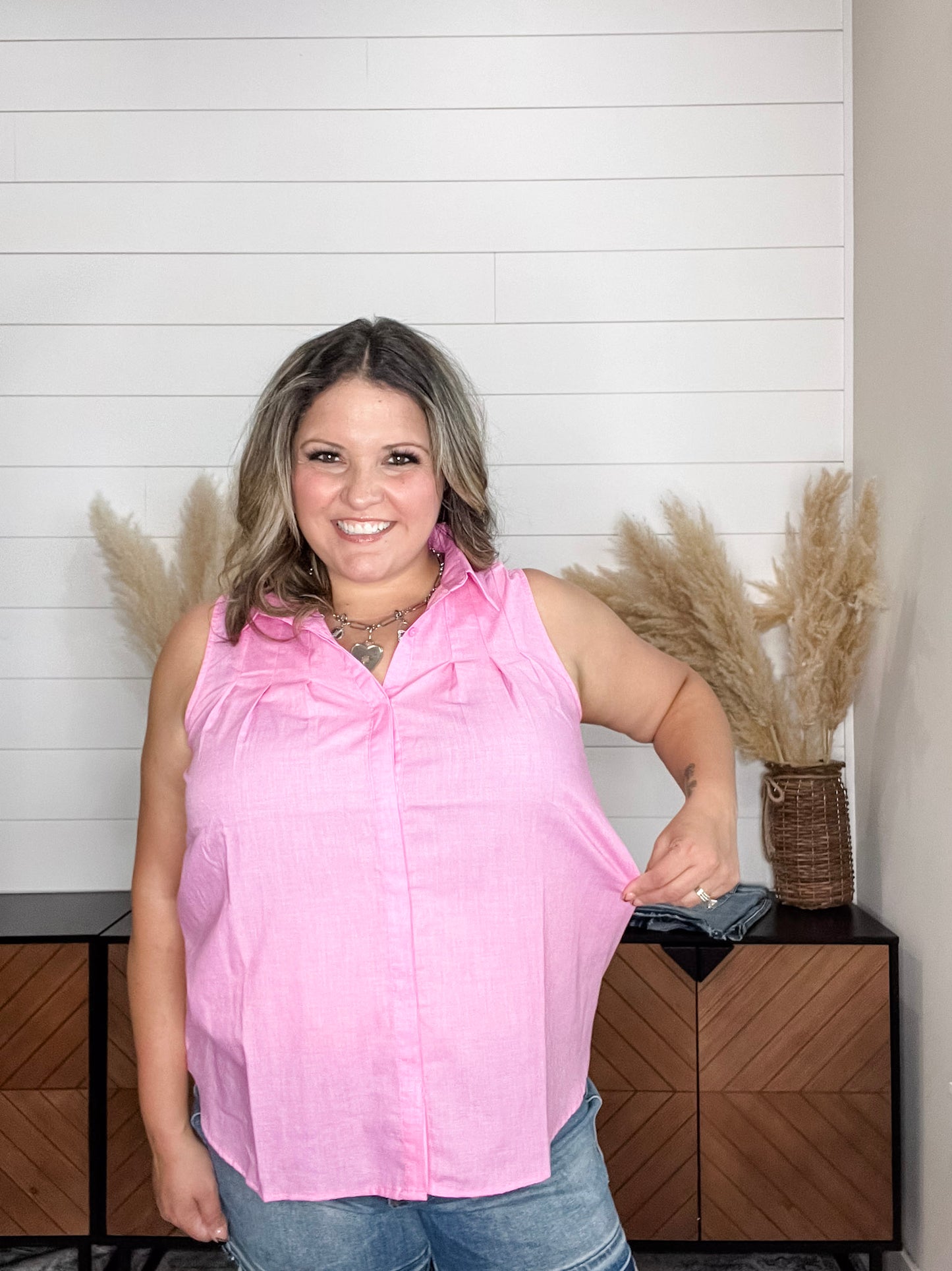 "Kailyn" Pintuck Sleeveless Button Up