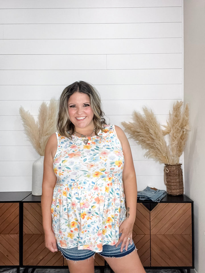 "Renee" Floral Ruffle Tank (Watercolor)