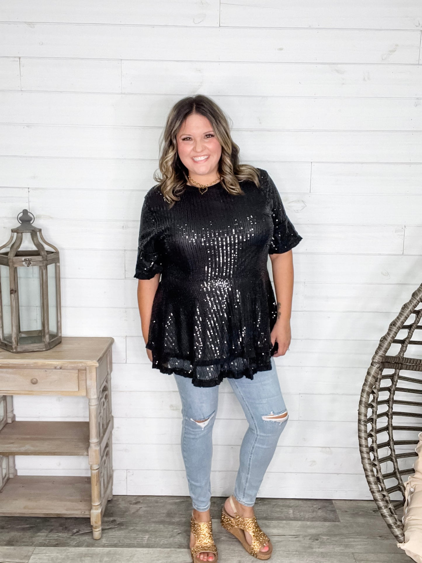 "Caught A Glimpse" Sequined Ruffle Hem and Sleeve (Black)