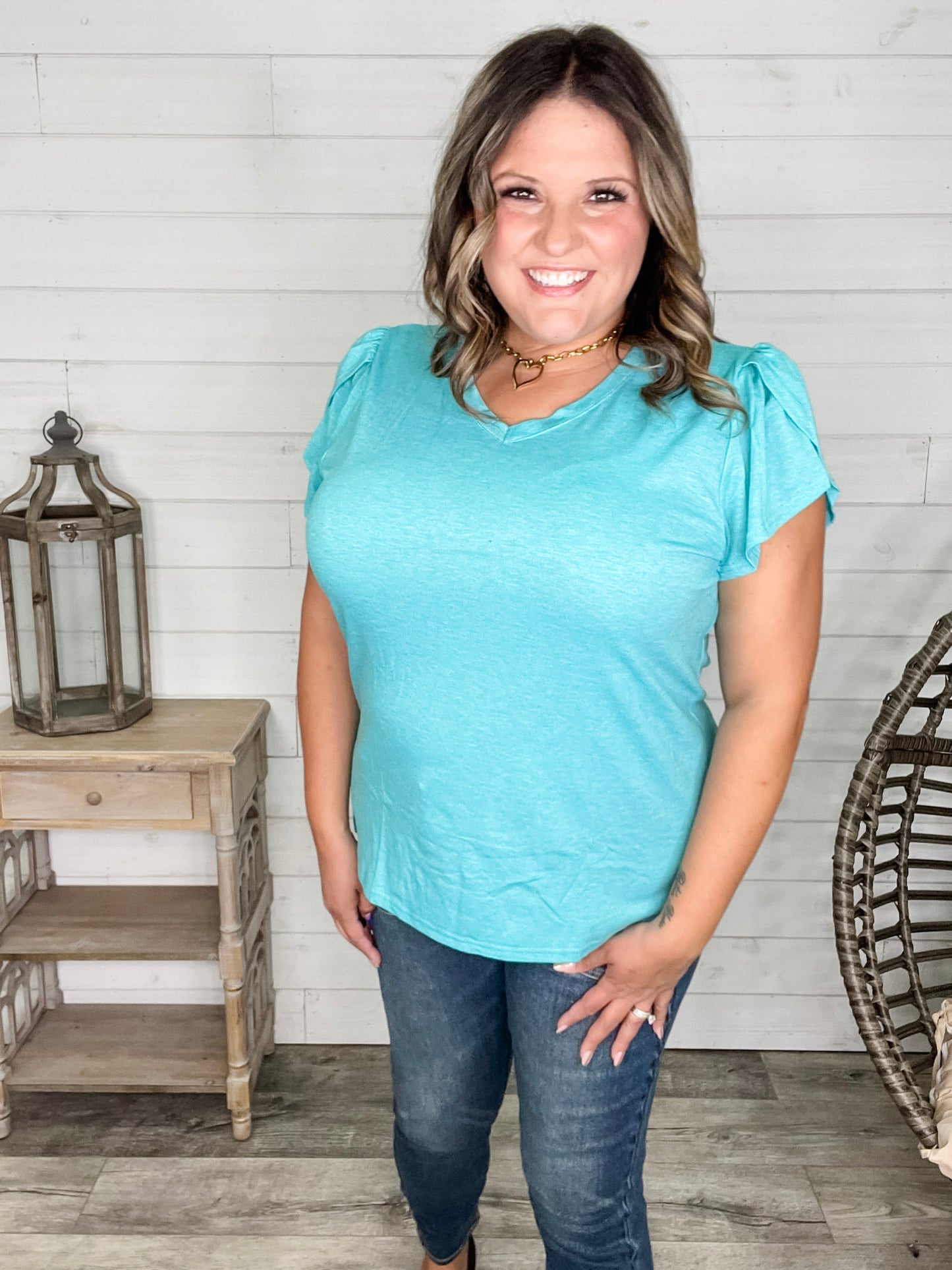 "Just The Beginning Chapter Two" Solid Tulip Sleeve V Neck (Turquoise)