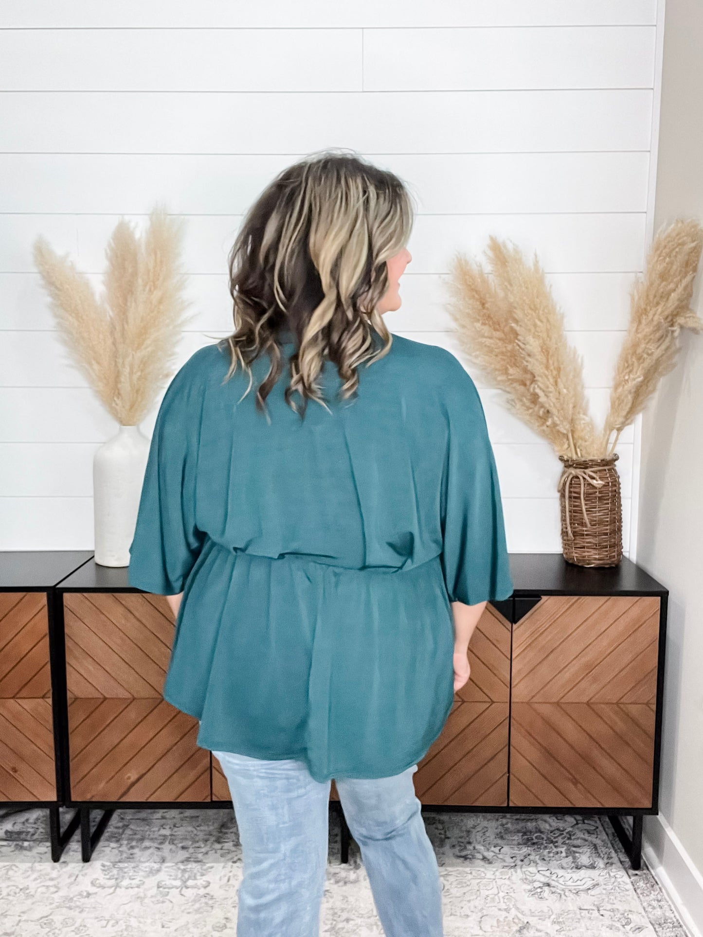 "Here We Go Again" V Neck 3/4 Bell Sleeve (Hunter Green)