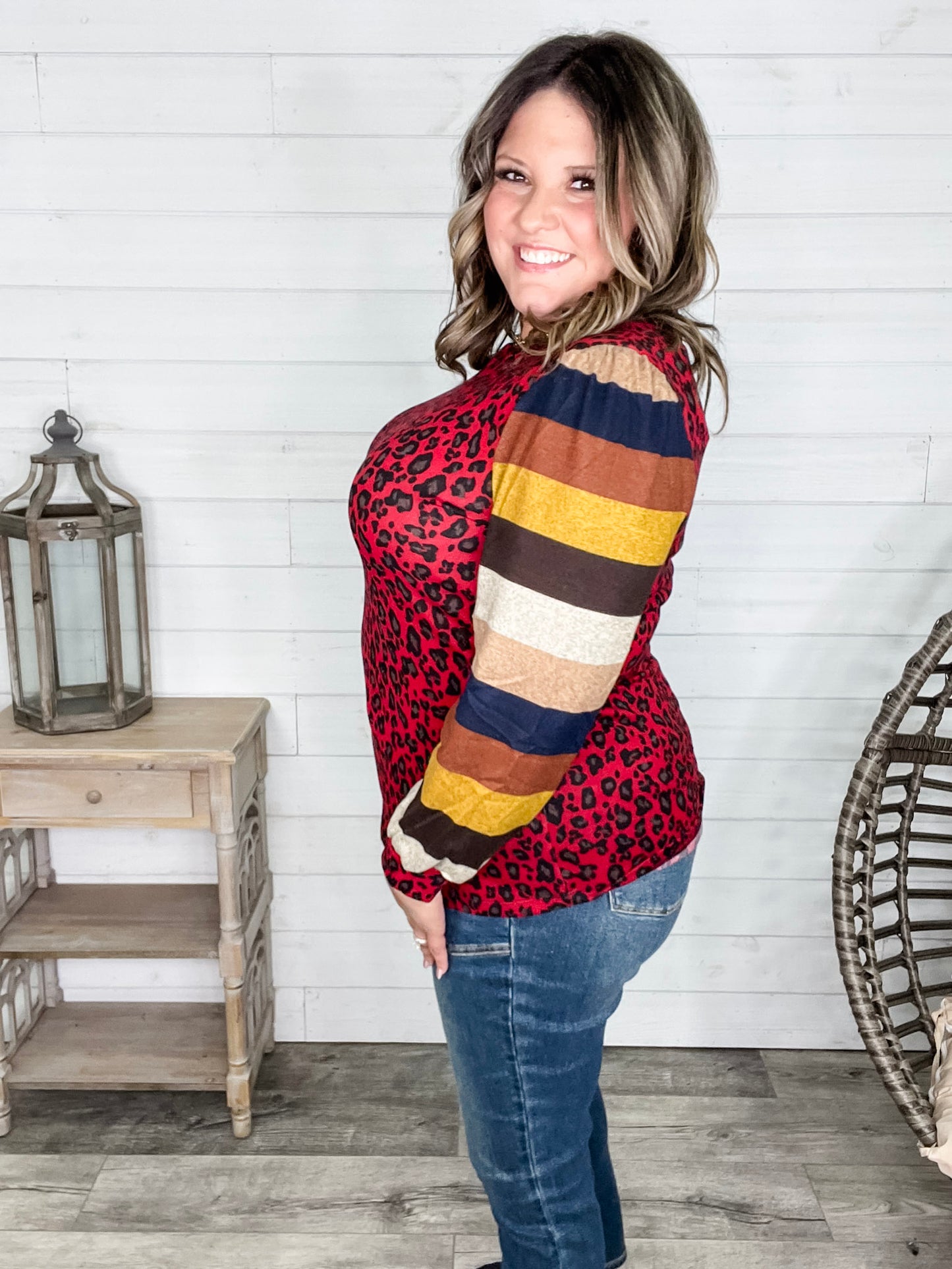 "Well Ok" Long Sleeve Animal Print with Stripe Accent
