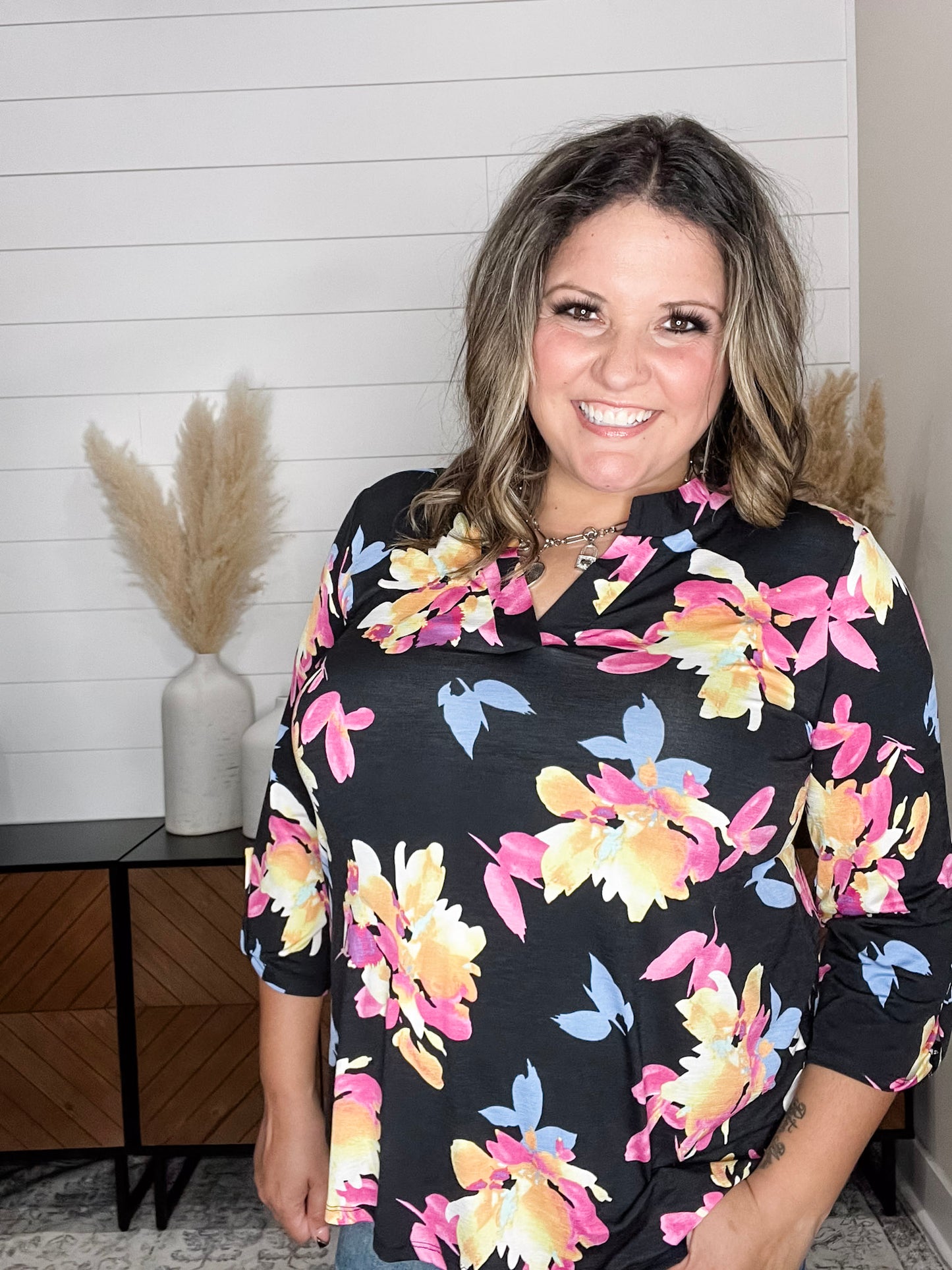 "Sagittarius" Floral Split Neck Lizzy 3/4 Sleeve Split Neck