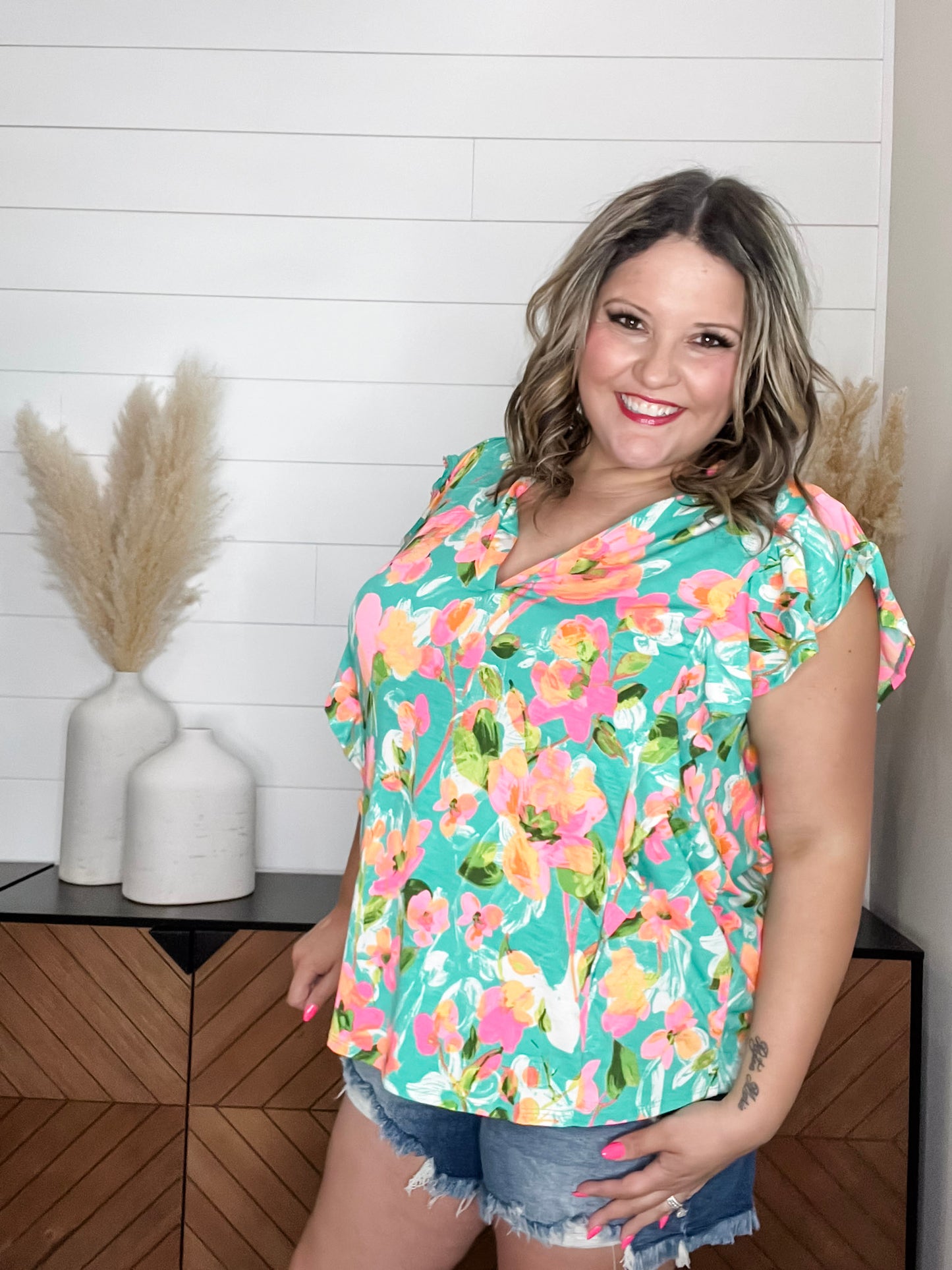 "Atlas" Split Neck Flutter Sleeve