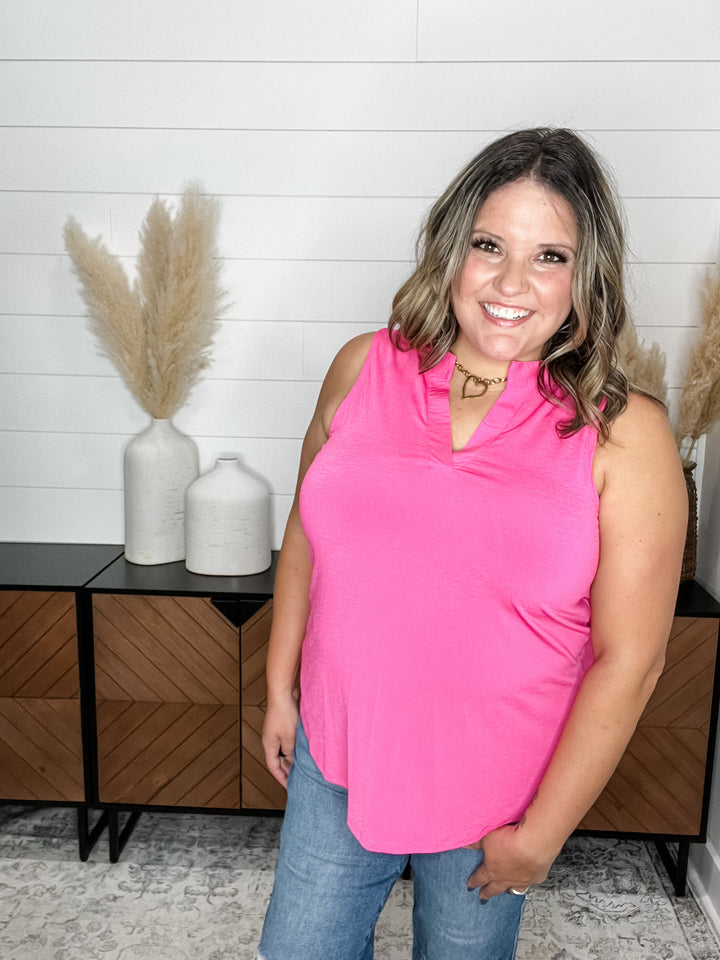 "Ok Maybe This" Sleeveless Split Neck (Pop Pink)