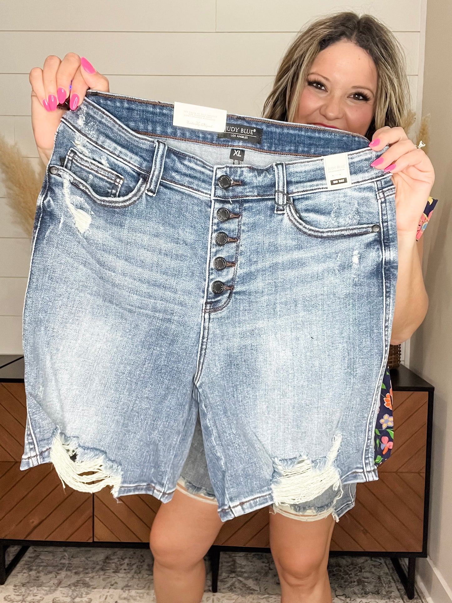 Judy Blue "Not So Fast" Button fly Destroyed Mid Thigh Shorts