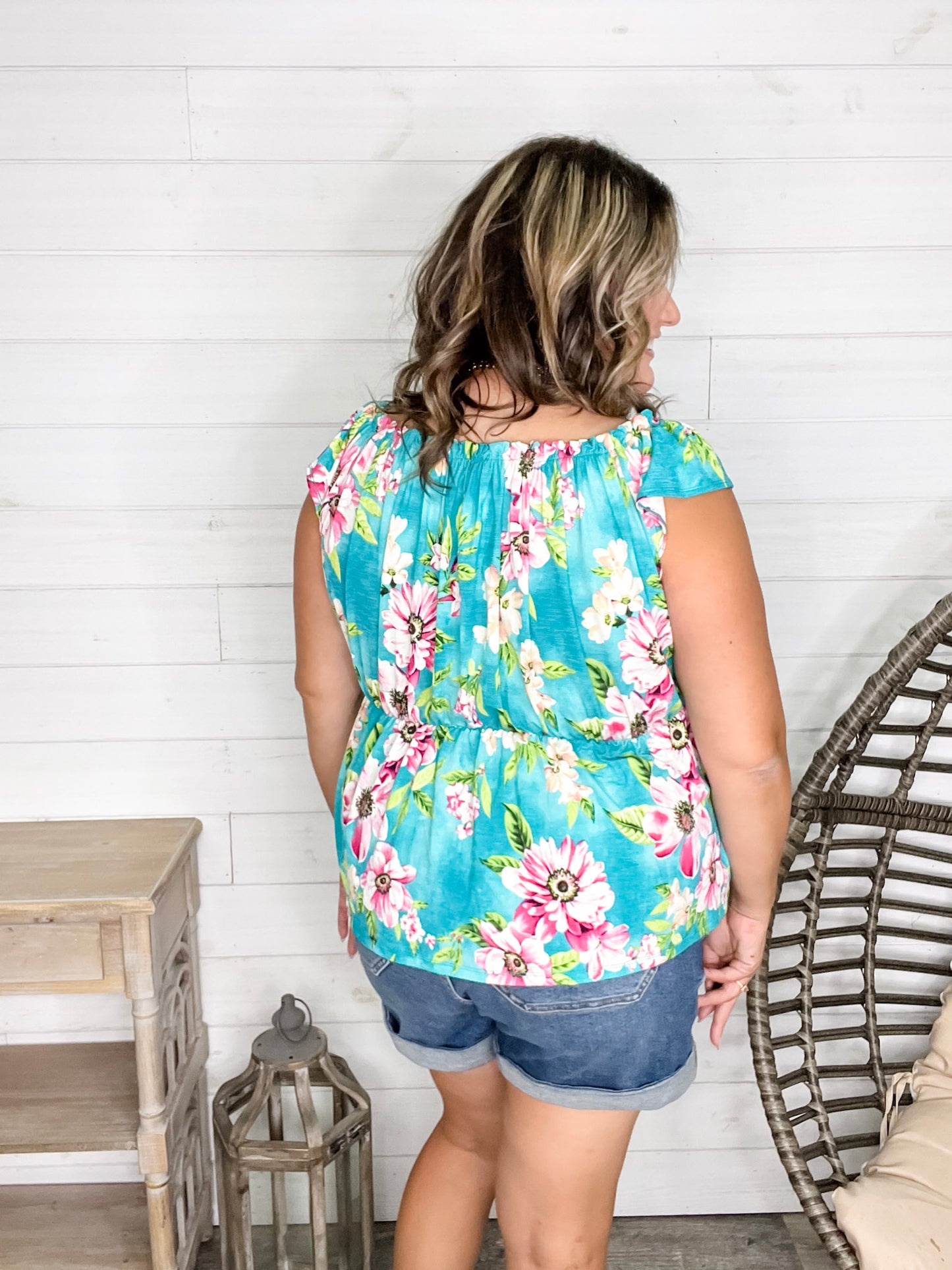 "Time Out" Floral Off the Shoulder Faux Button Front