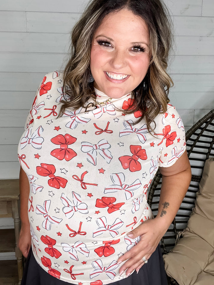 Shirley and Stone "Baseball & Bows" Short Sleeve Mesh Top