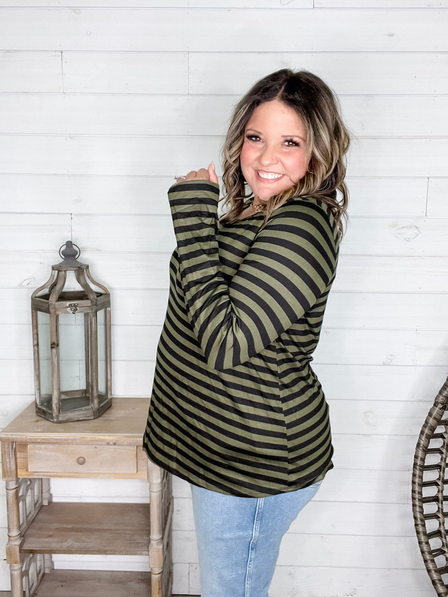 "Got Me" Long Sleeve Striped Top (Green Black)