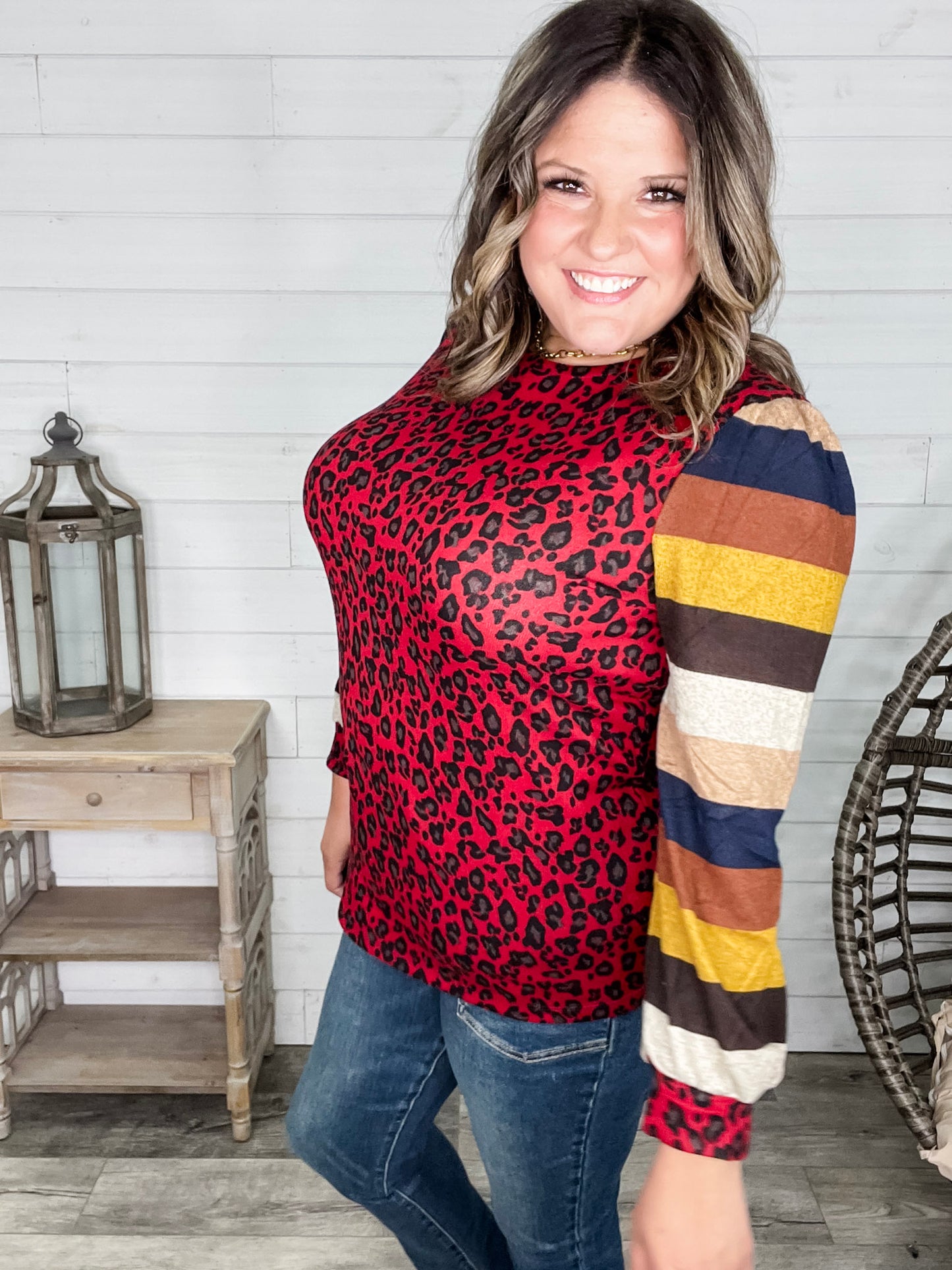 "Well Ok" Long Sleeve Animal Print with Stripe Accent
